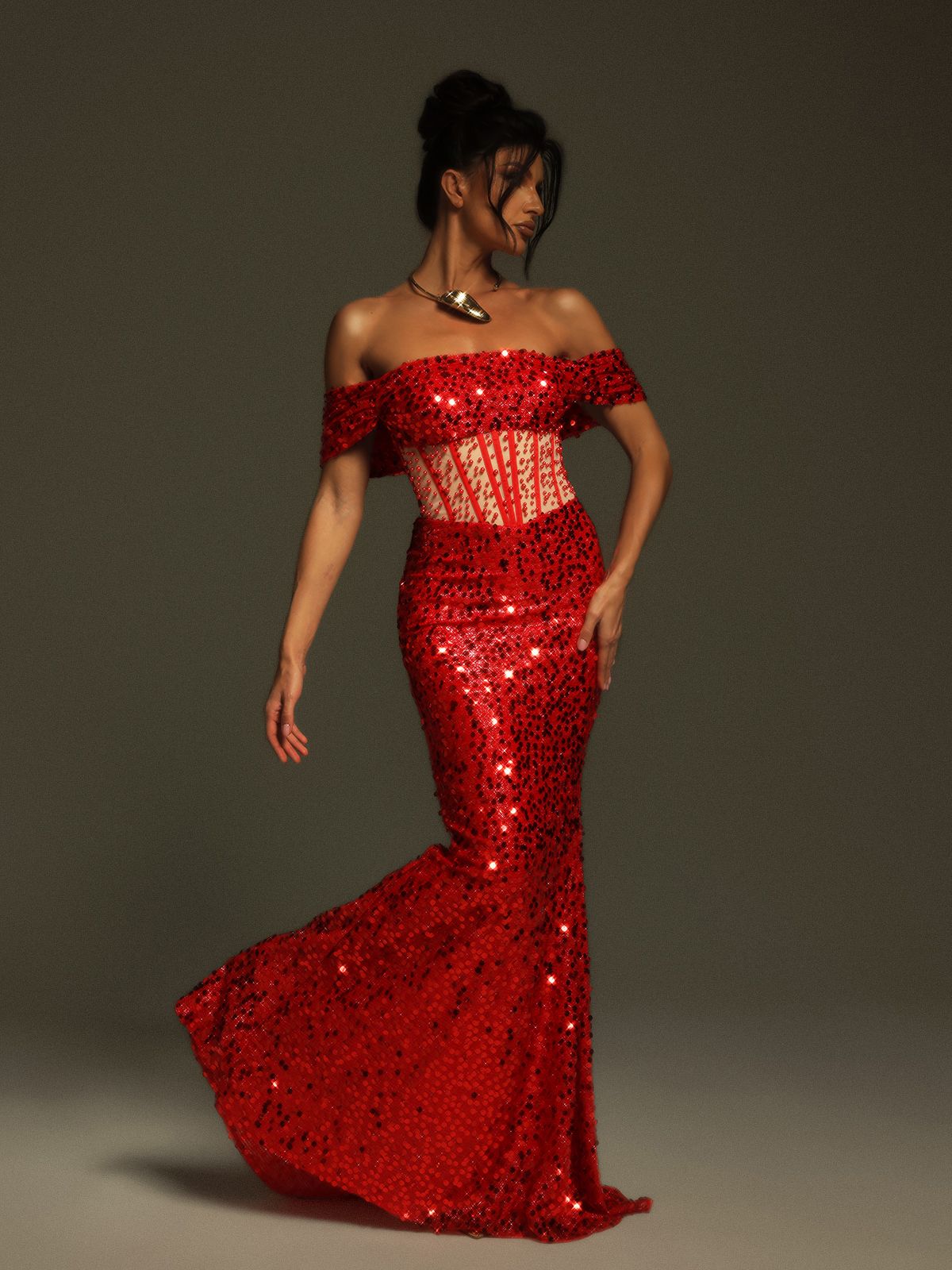 Christena Off Shoulder Payet Korse Maxi Elbise
