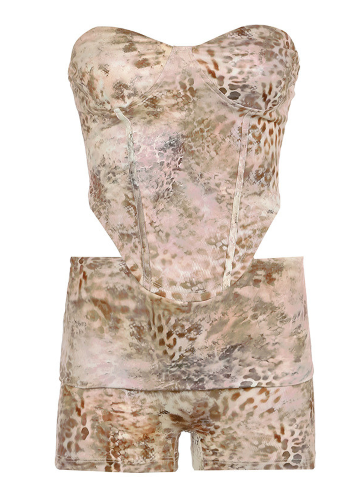 Corvilde Straplez Leopar Şort Takımı Haki