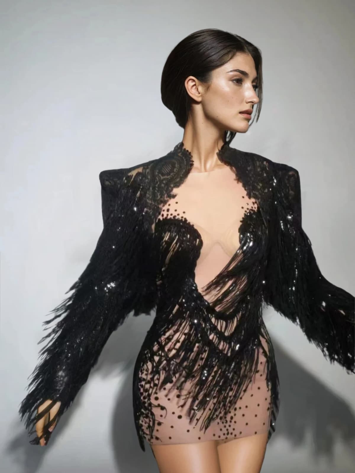 Siyah Cyvra Fringe Mesh Mini Elbise ve Kaban