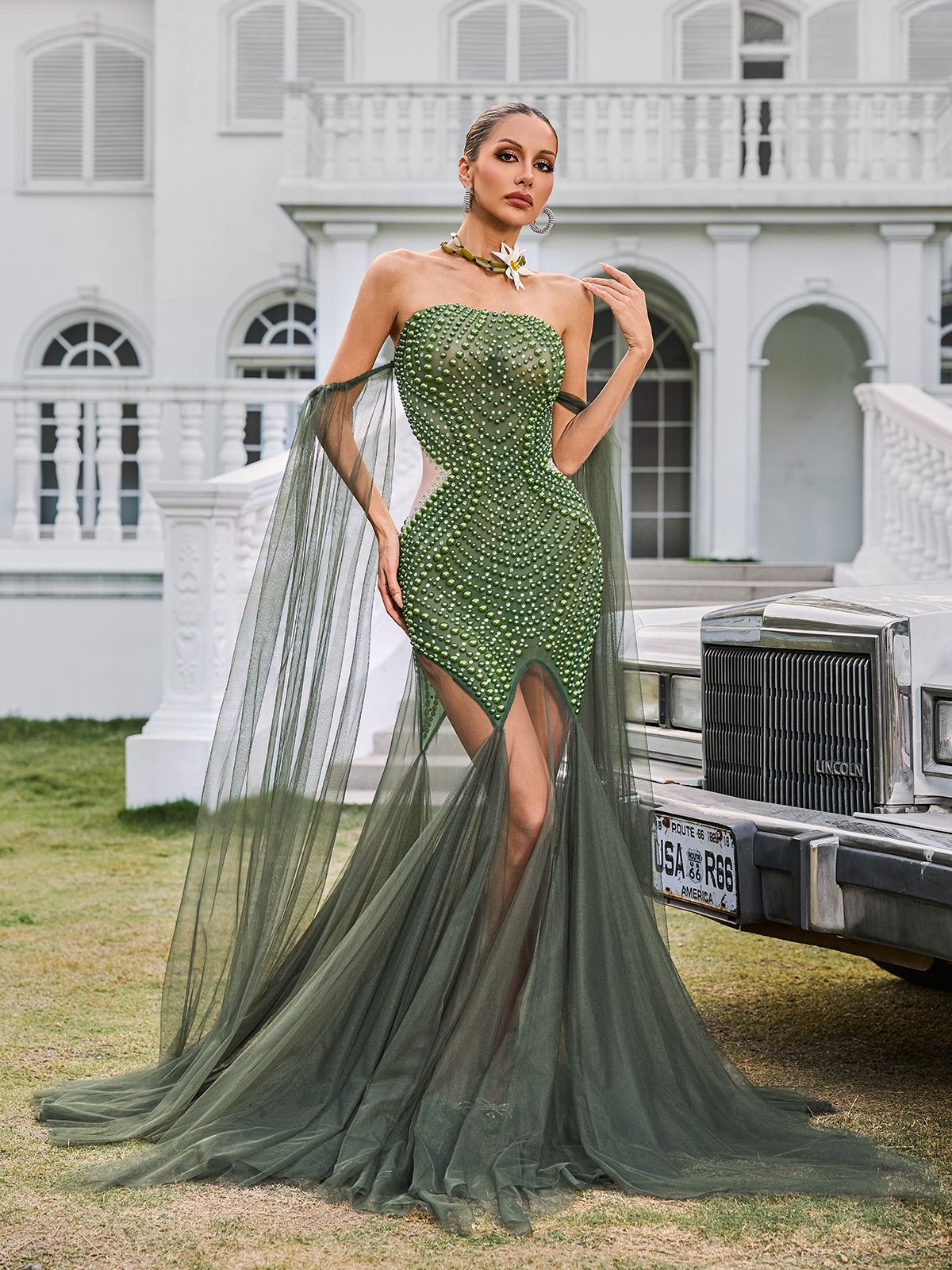 Daelis Tek Omuzlu Rhinestone Mesh Maxi Elbise