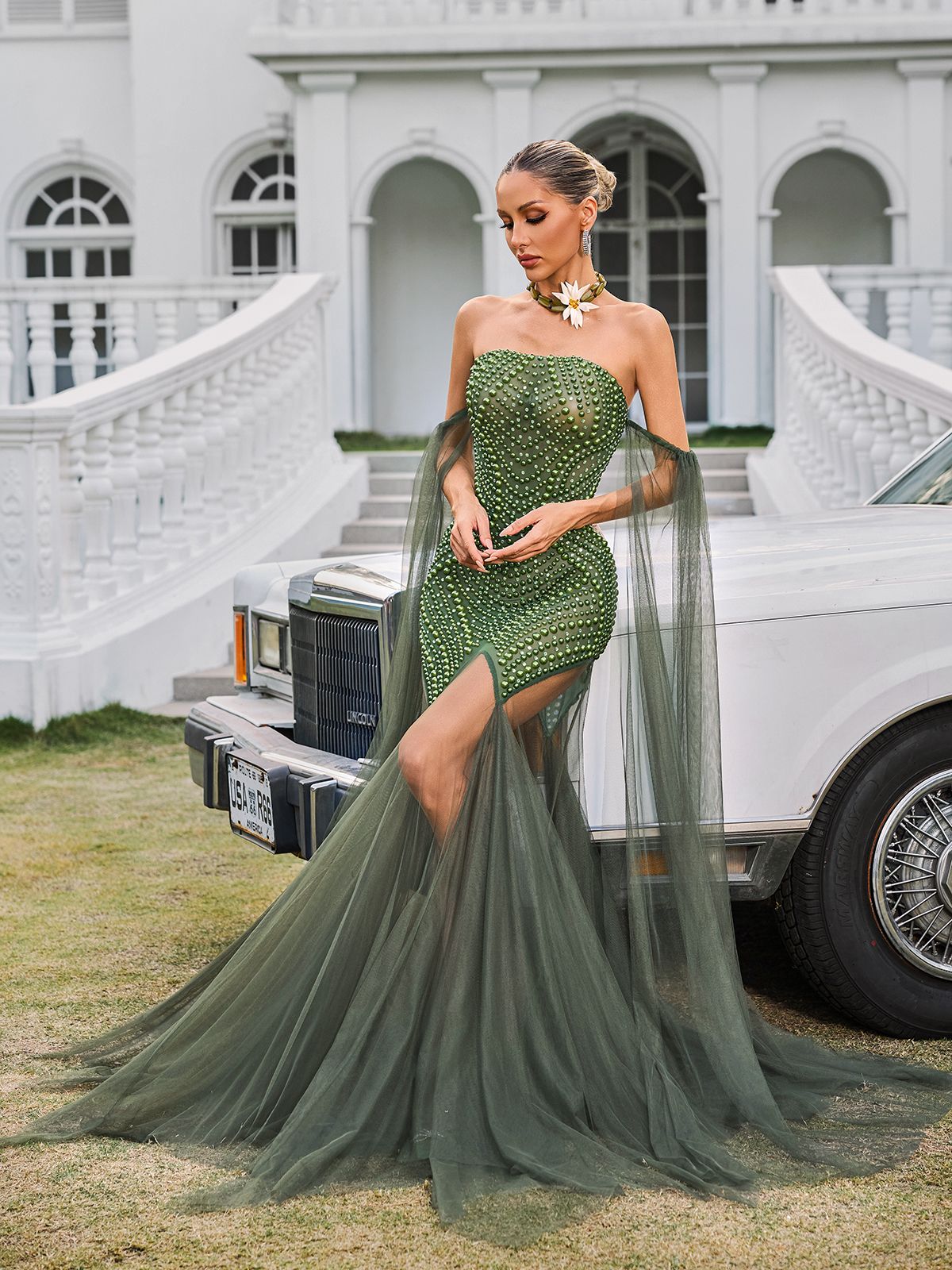 Daelis Omuz Açık Rhinestone Ağı Mesh Maxi Elbise