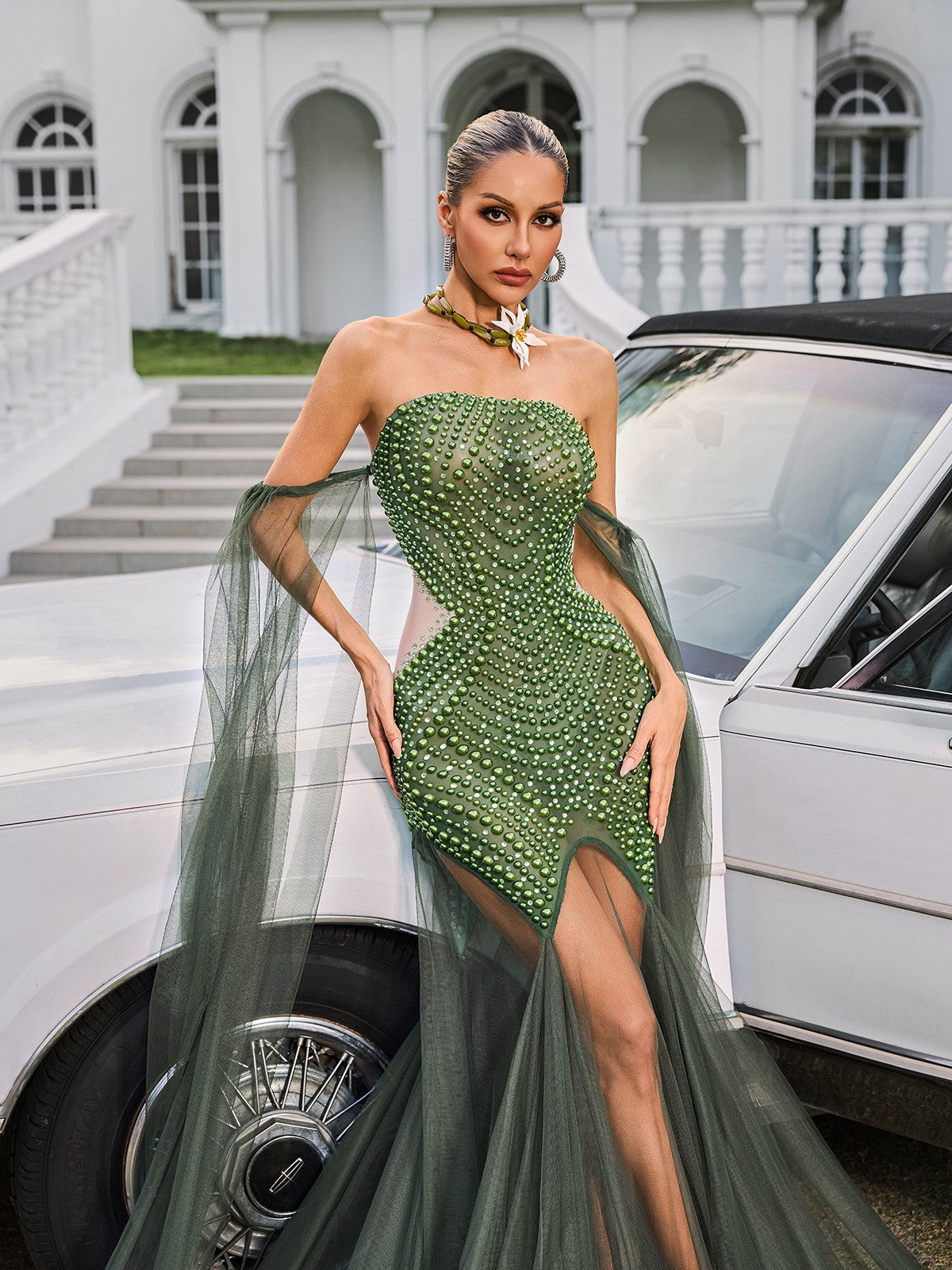 Daelis Omuz Açık Rhinestone Ağı Mesh Maxi Elbise