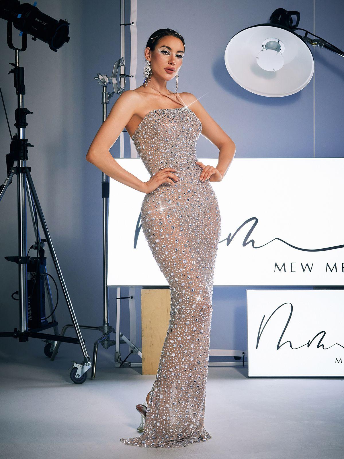 Dakari Halter Yaka Rhinestone Maxi Elbise Gümüş