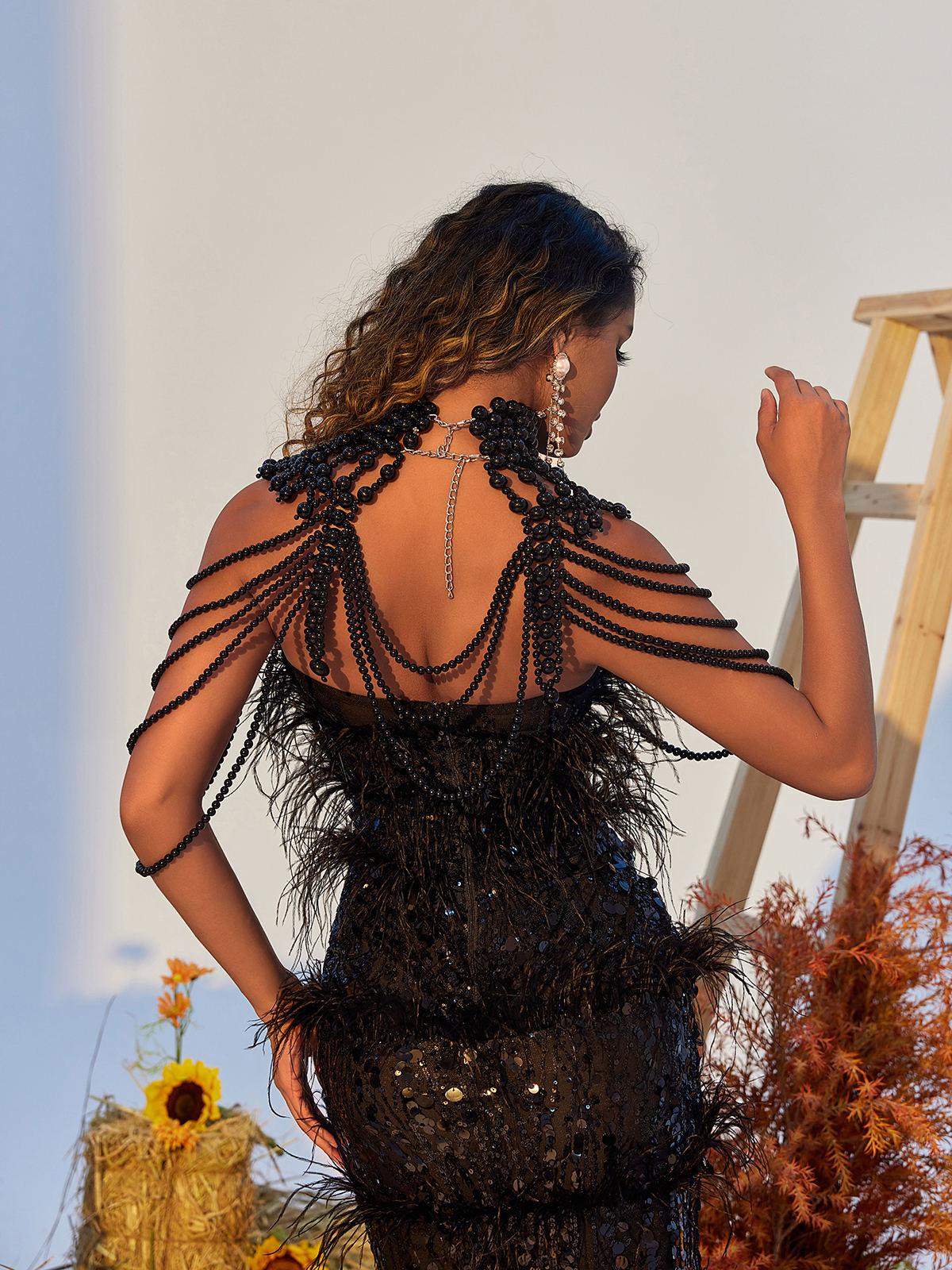 Dani Pearl Body Chain Üst Siyah