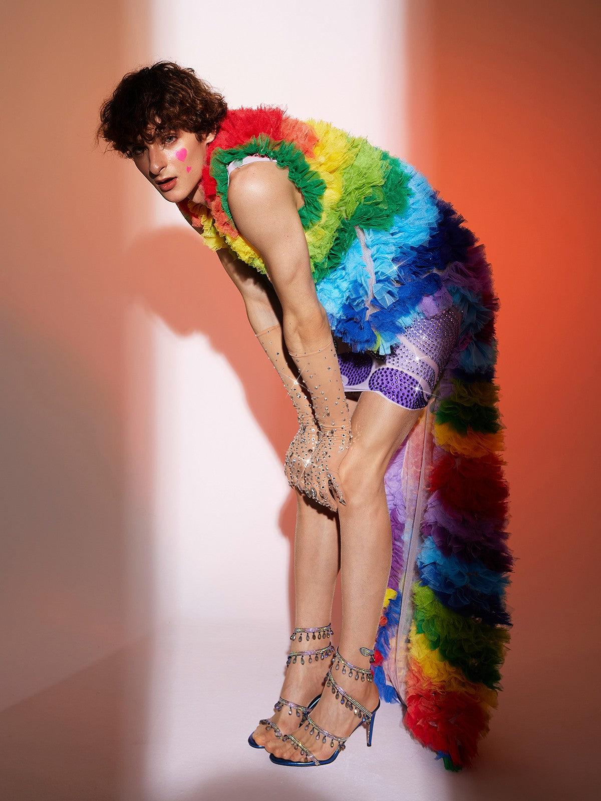 Danny Rainbow Rhinestone Ağı Mesh Elbise Yelek ile