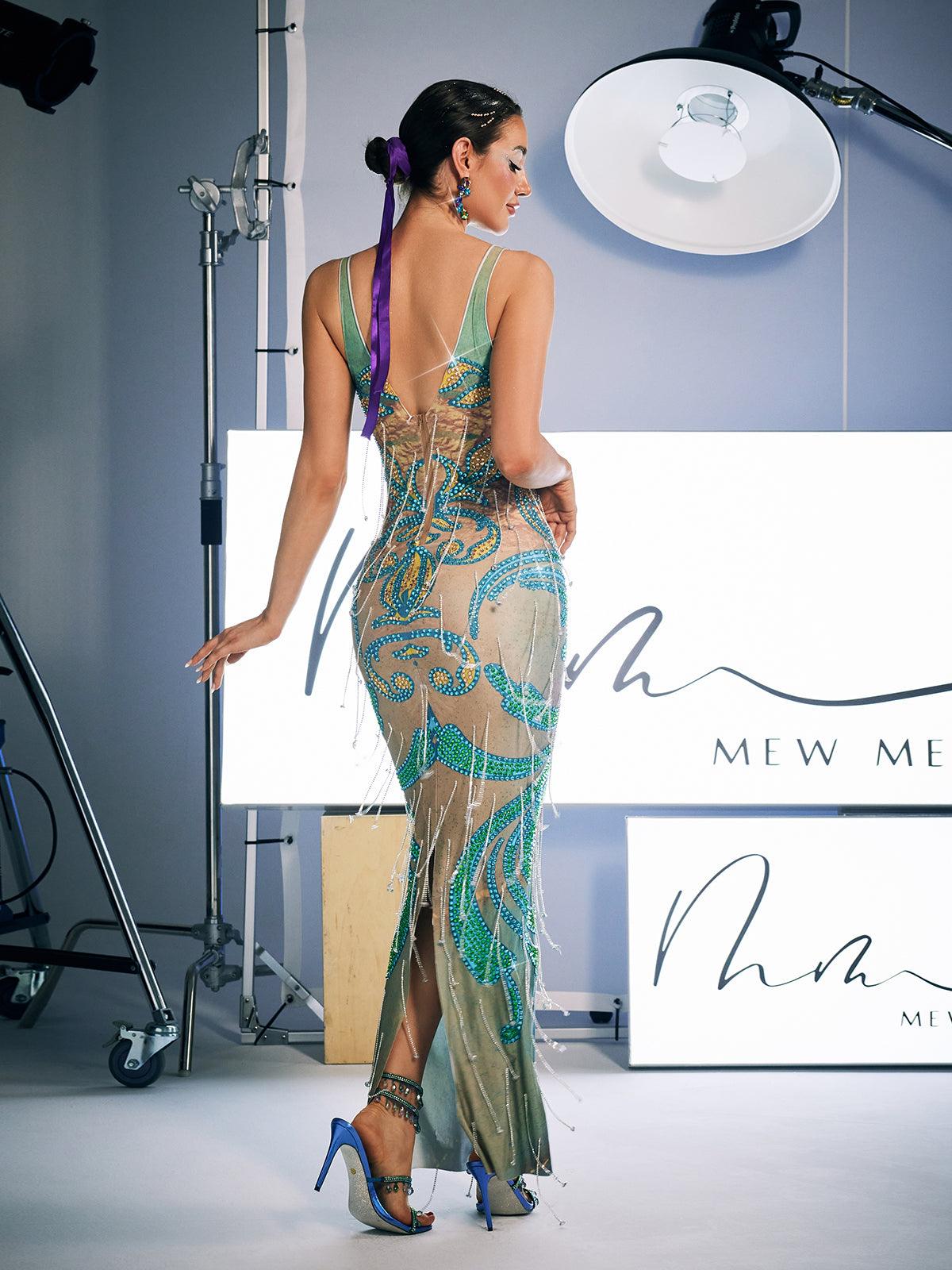 Darrell Baskı Kristal Franj Maxi Elbise