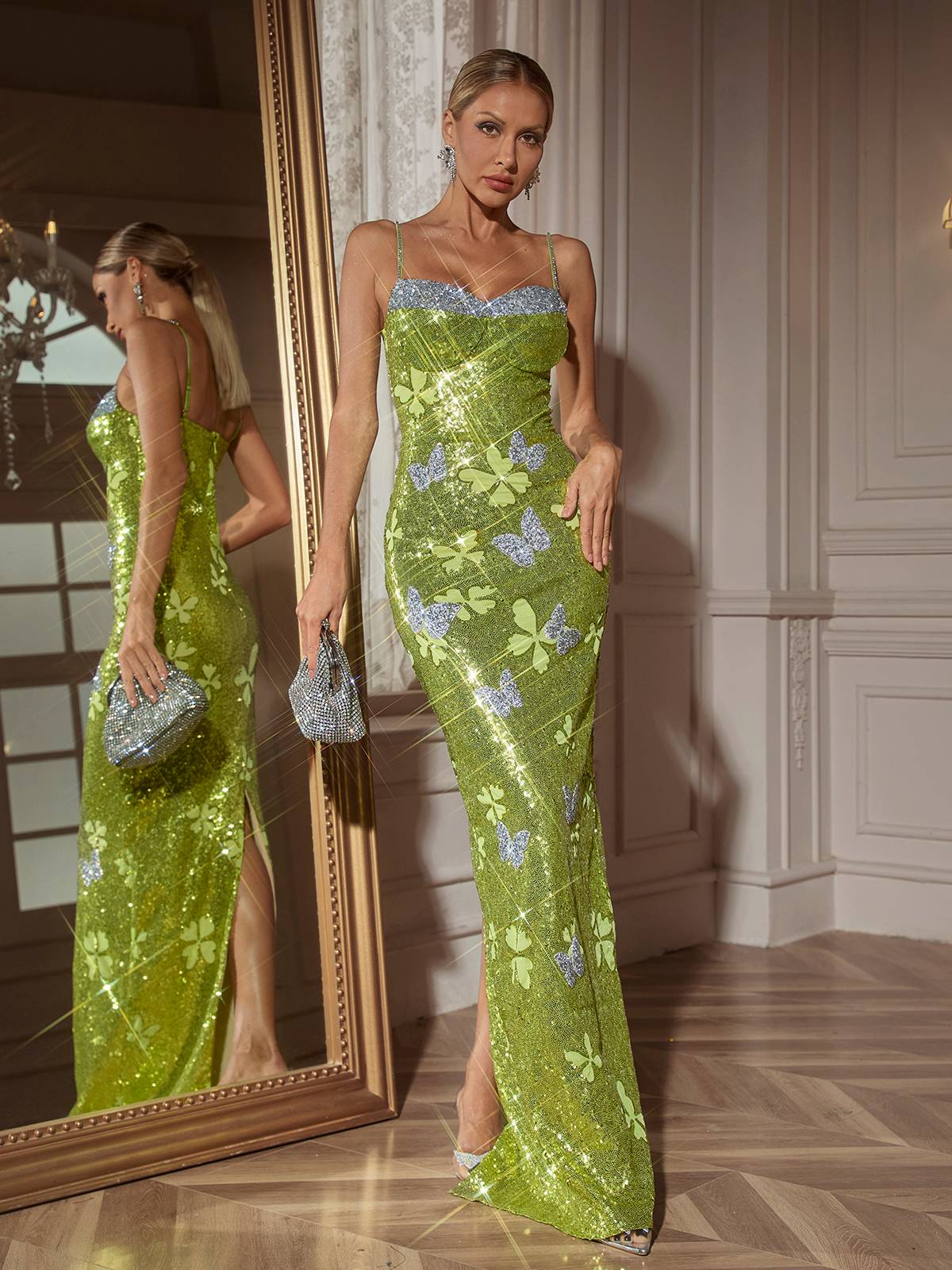 Dayshaun Kelebek Rhinestone Payet Maxi Elbise