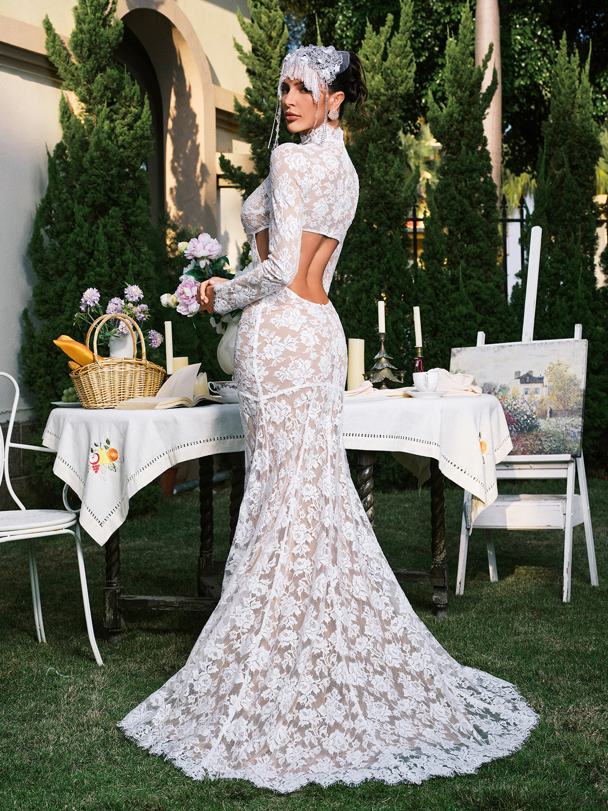 Edalene Uzun Kol Çiçek Kesim Dantel Maxi Elbise