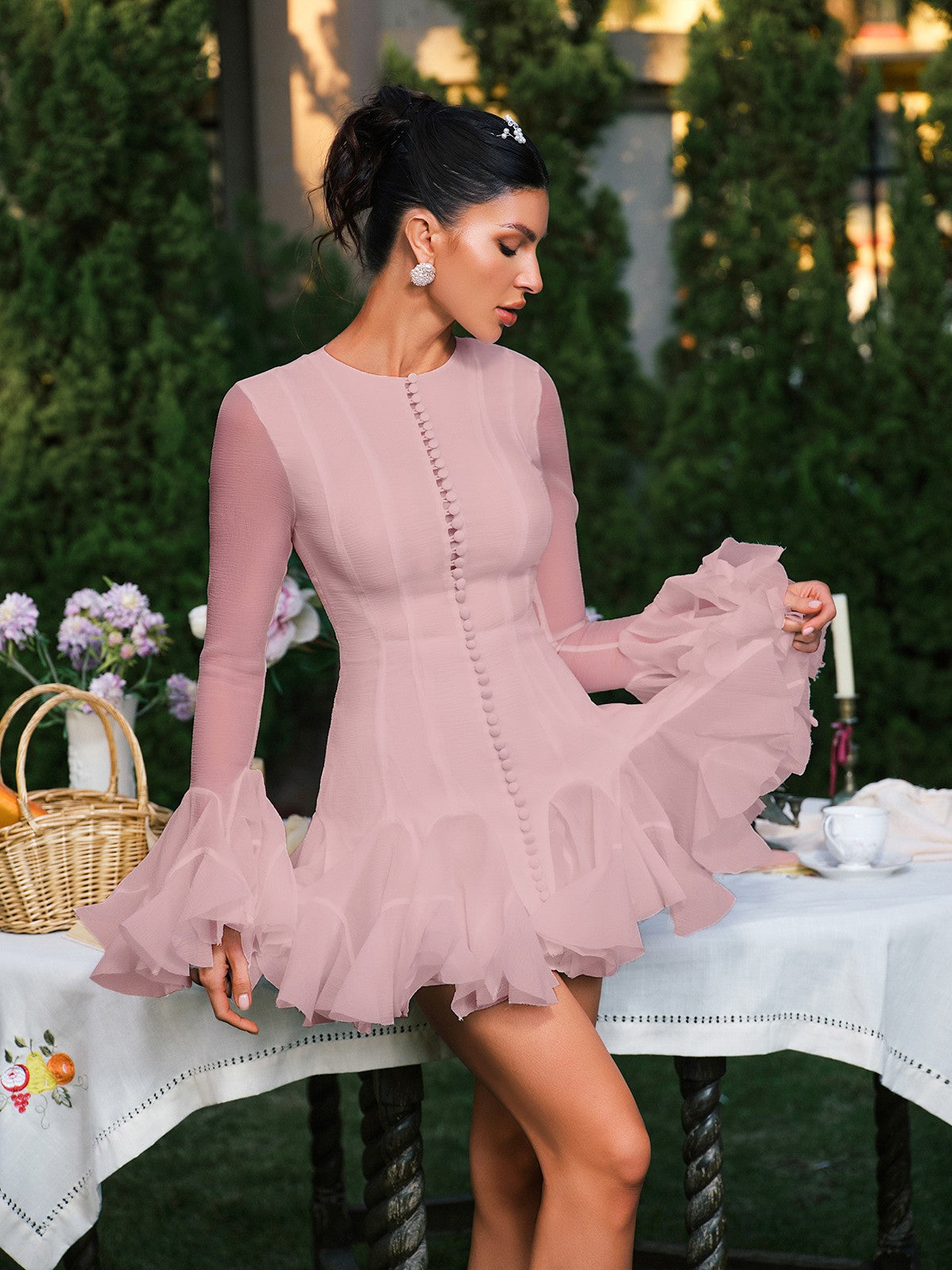 Edsel Fırfır Kol Düğmeli Mini Elbise Pembe