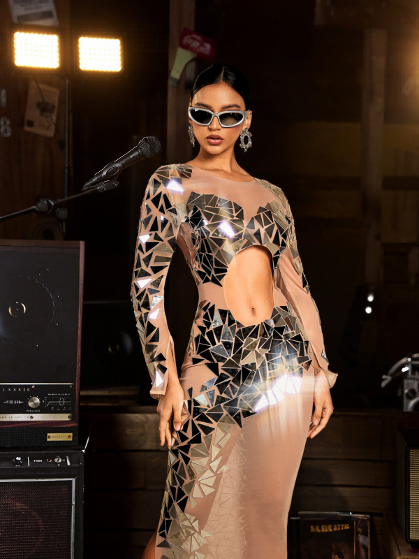 Edwina Uzun Kollu Akrilik Kesik File Maxi Elbise