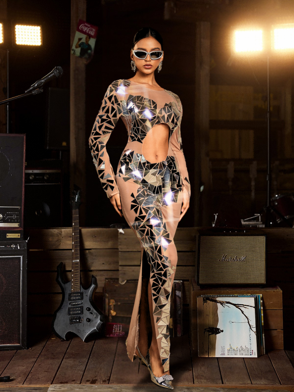 Edwina Uzun Kollu Akrilik Kesik File Maxi Elbise