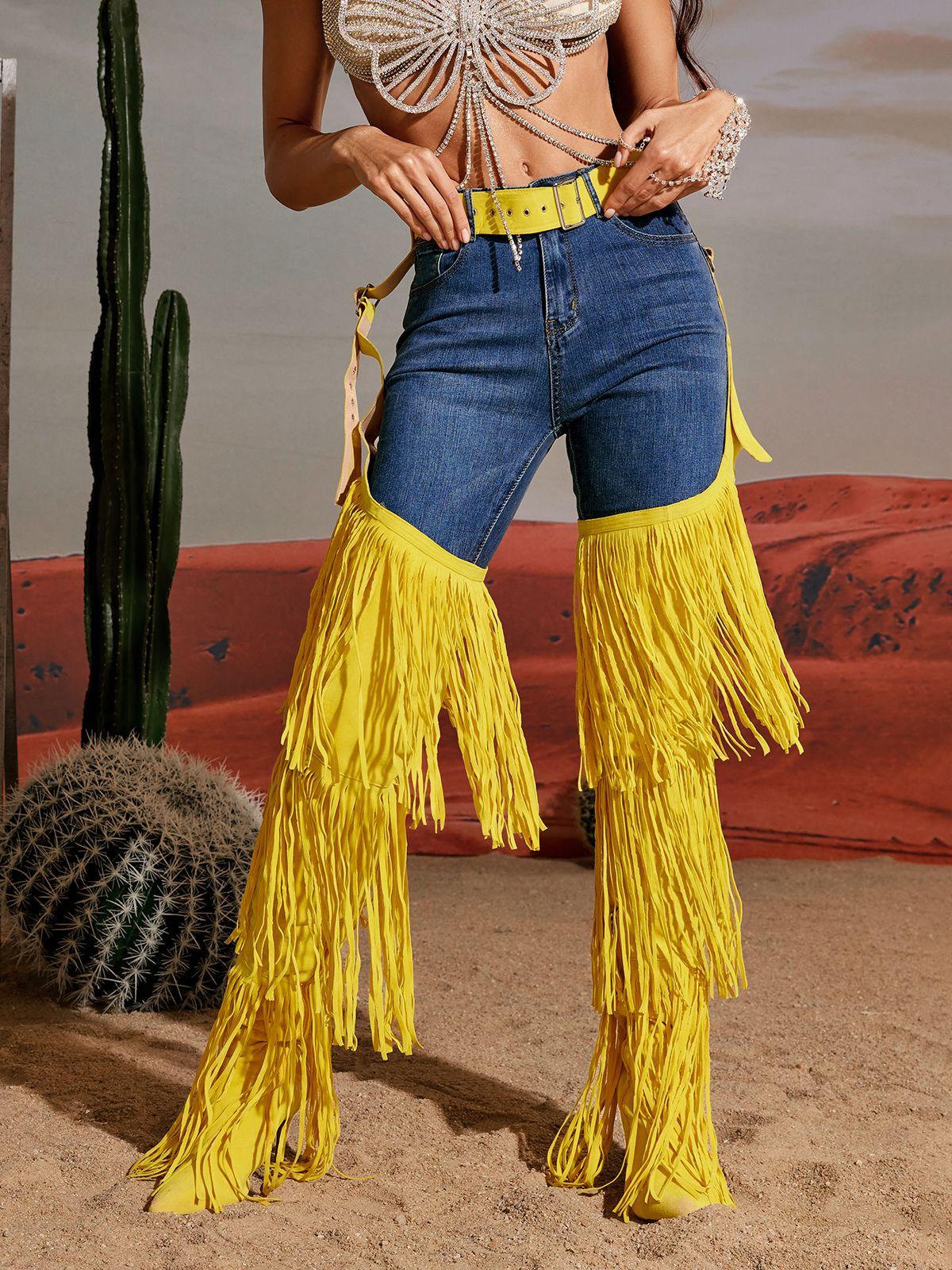 Eleni Sarı Denim Franjeli Botlar