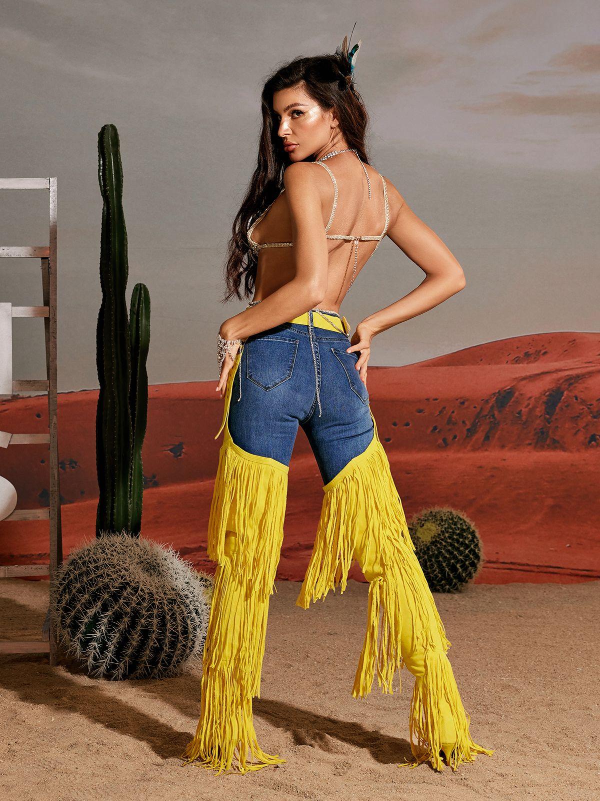 Eleni Sarı Denim Franjeli Botlar