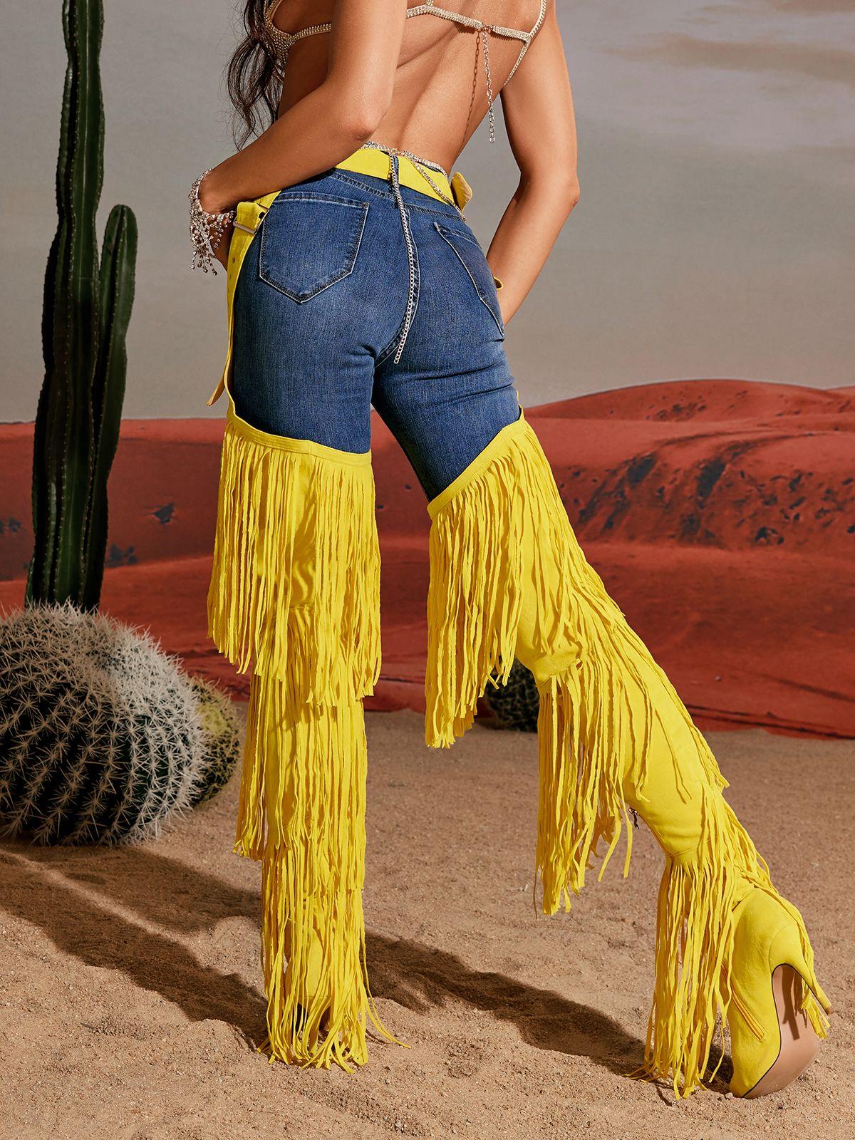 Eleni Sarı Denim Franjeli Botlar