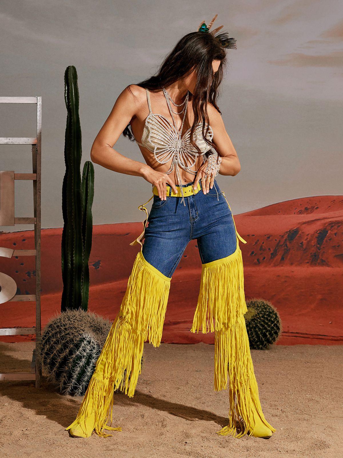 Eleni Sarı Denim Franjeli Botlar