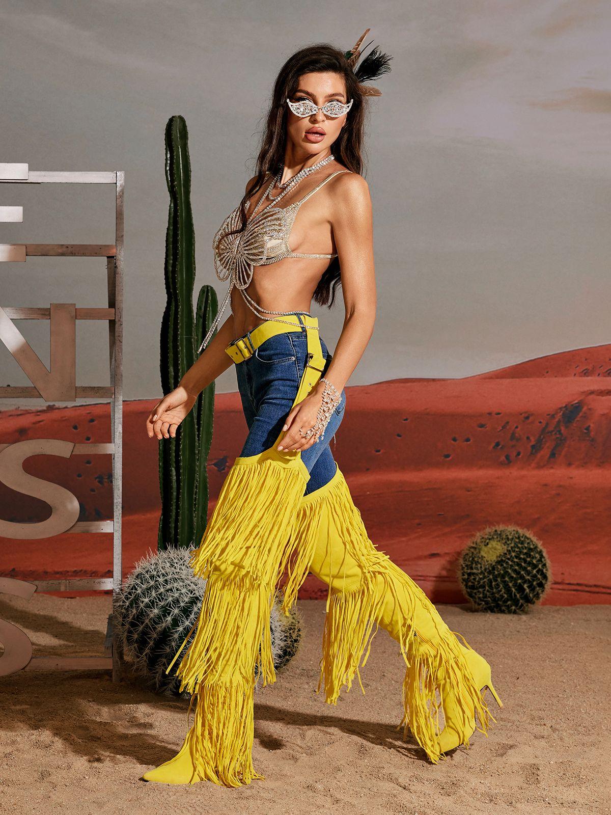 Eleni Sarı Denim Franjeli Botlar