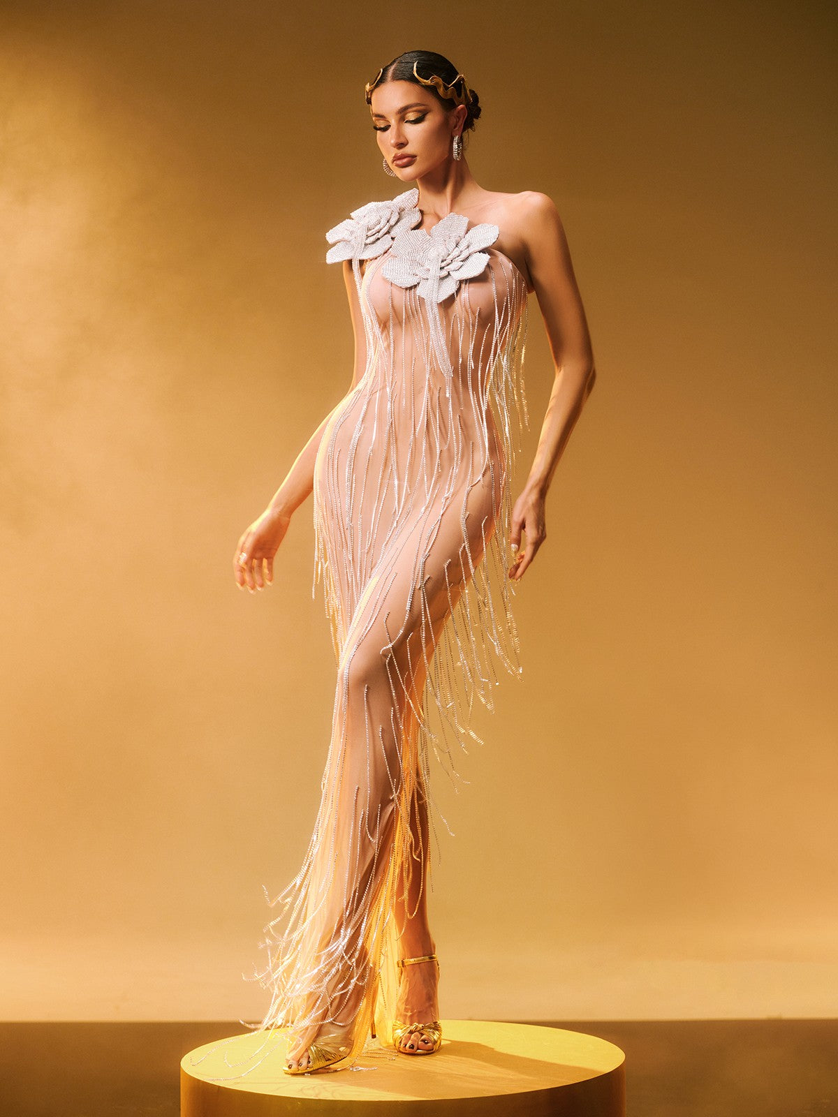 Ephira Kristal Çiçek Fringe Maxi Elbise