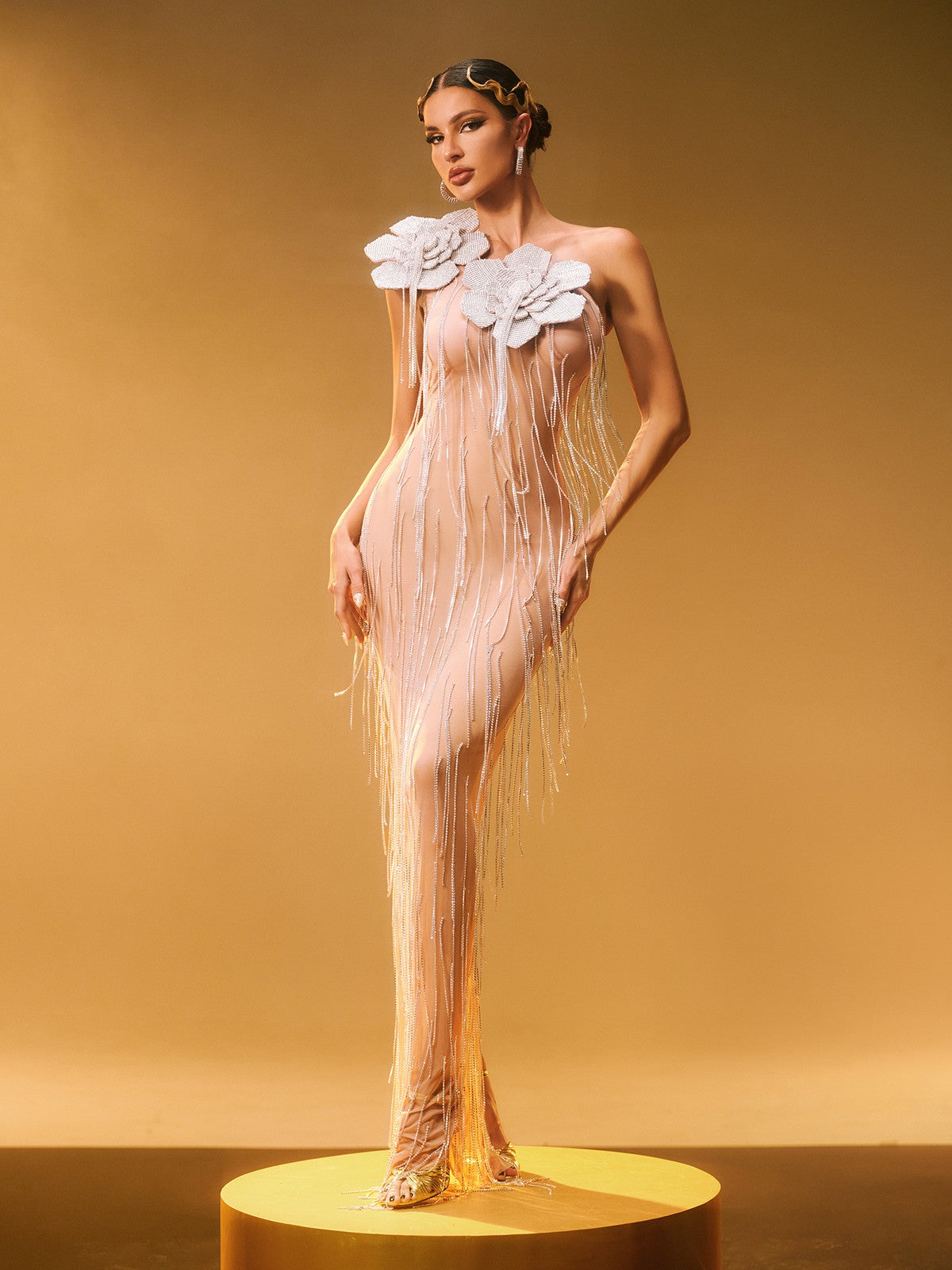 Ephira Kristal Çiçek Fringe Maxi Elbise