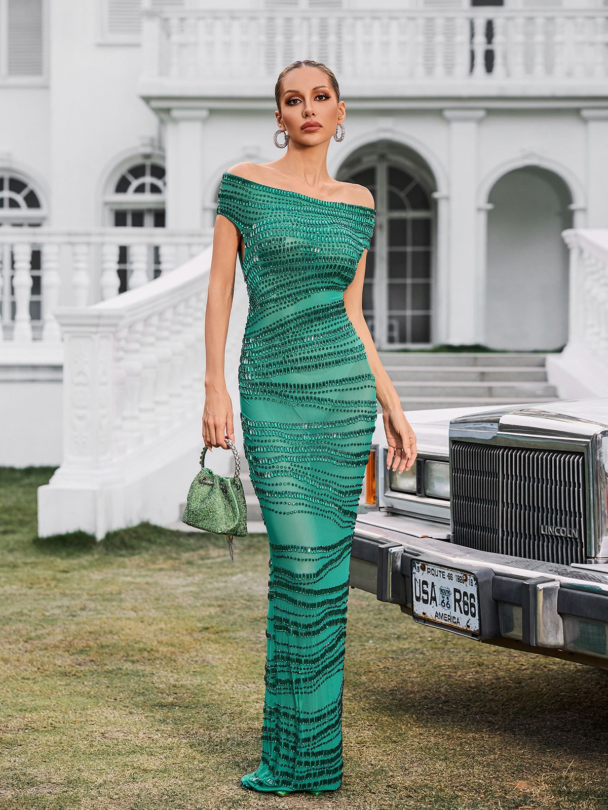 Eryx Tek Omuz Rhinestone Mesh Maxi Elbise Yeşil