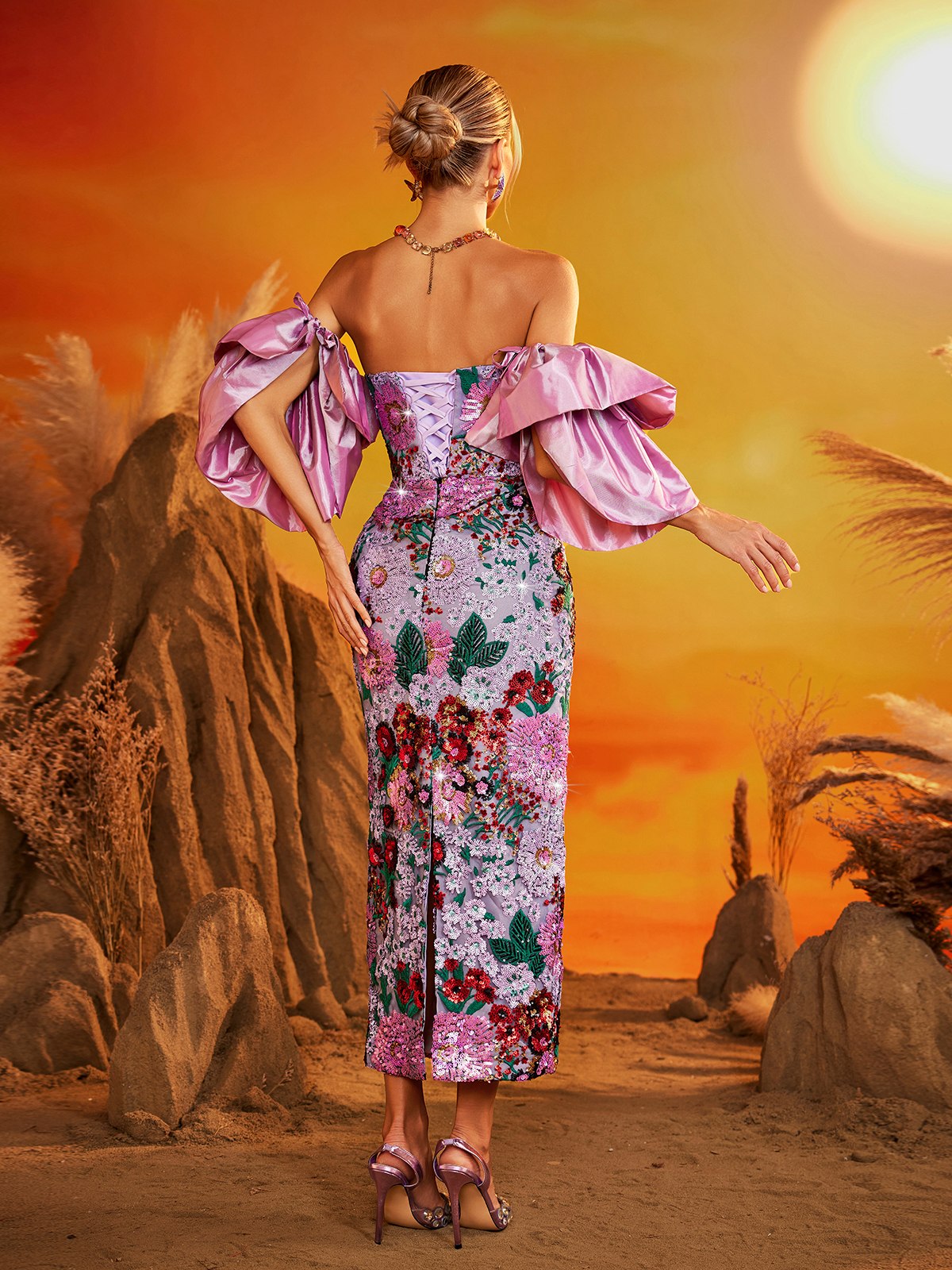 Faelith Puff Sleeve Çiçekli Midi Elbise