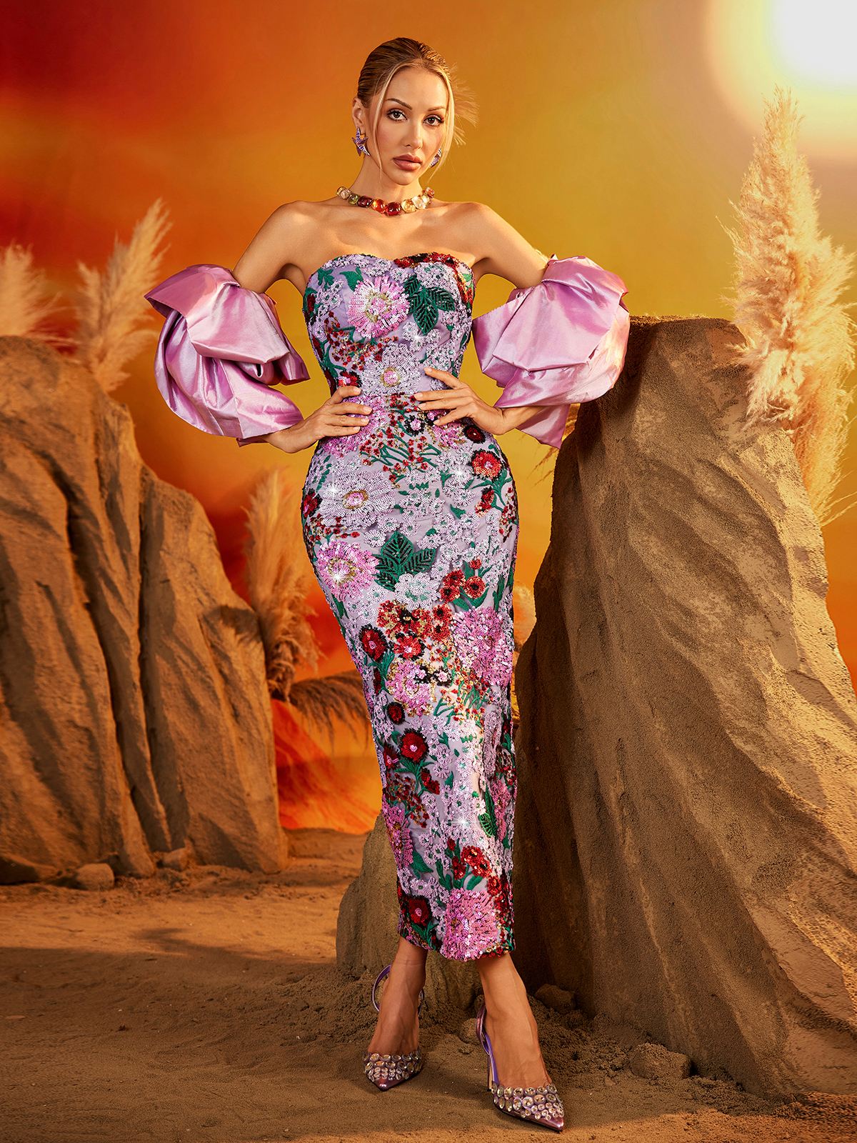 Faelith Puff Sleeve Çiçekli Midi Elbise