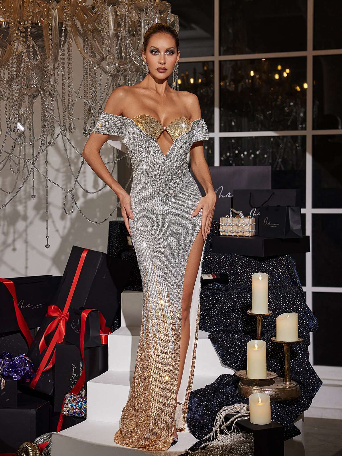 Fawon Off Shoulder Cutout Payet Maxi Elbise