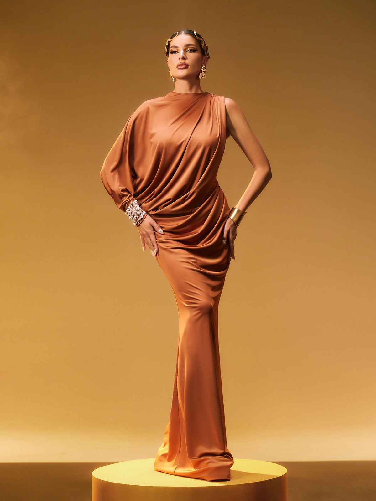 Cualli Tek Omuz Rhinestone Maxi Elbise