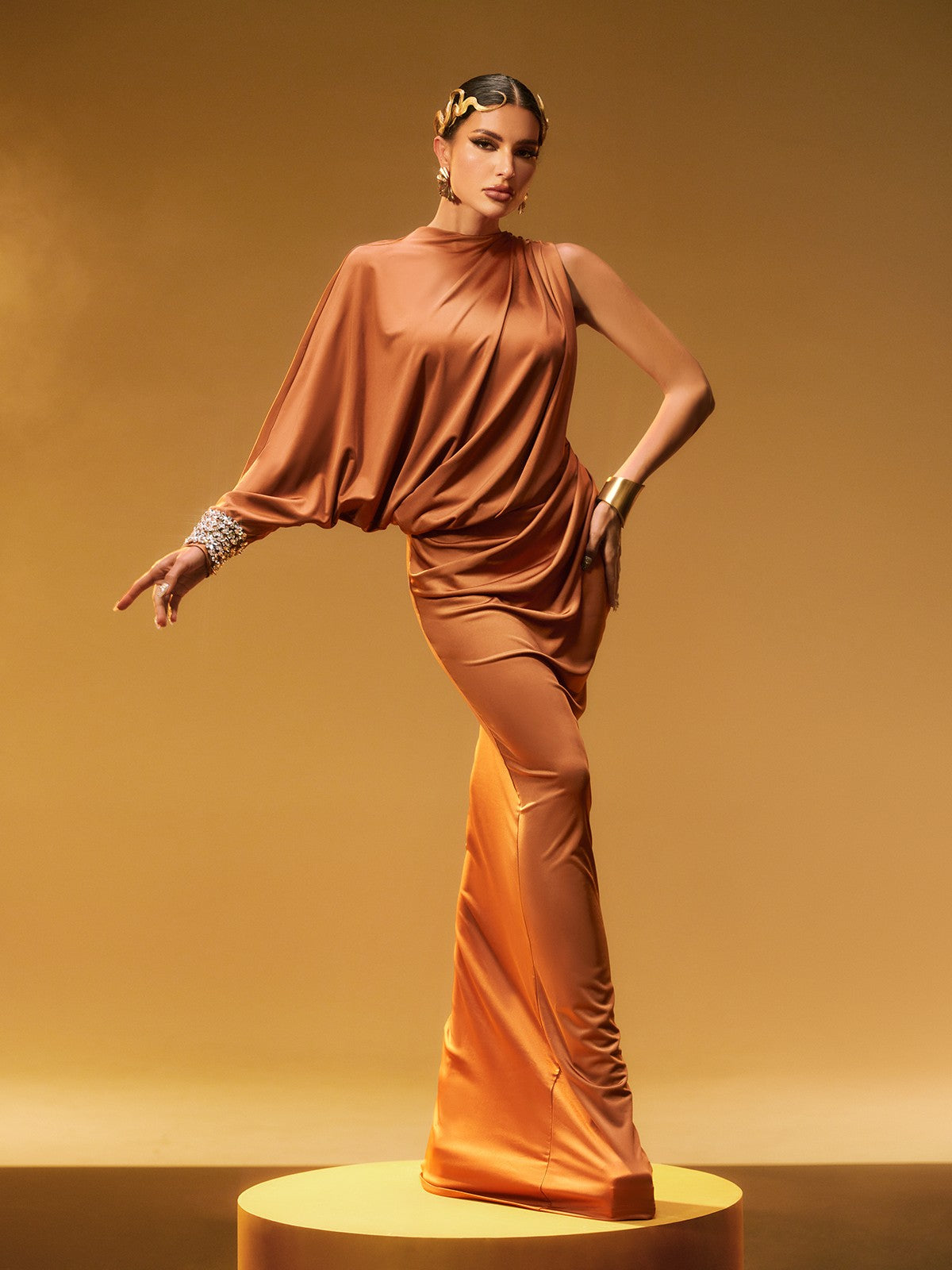 Cualli Tek Omuz Rhinestone Maxi Elbise