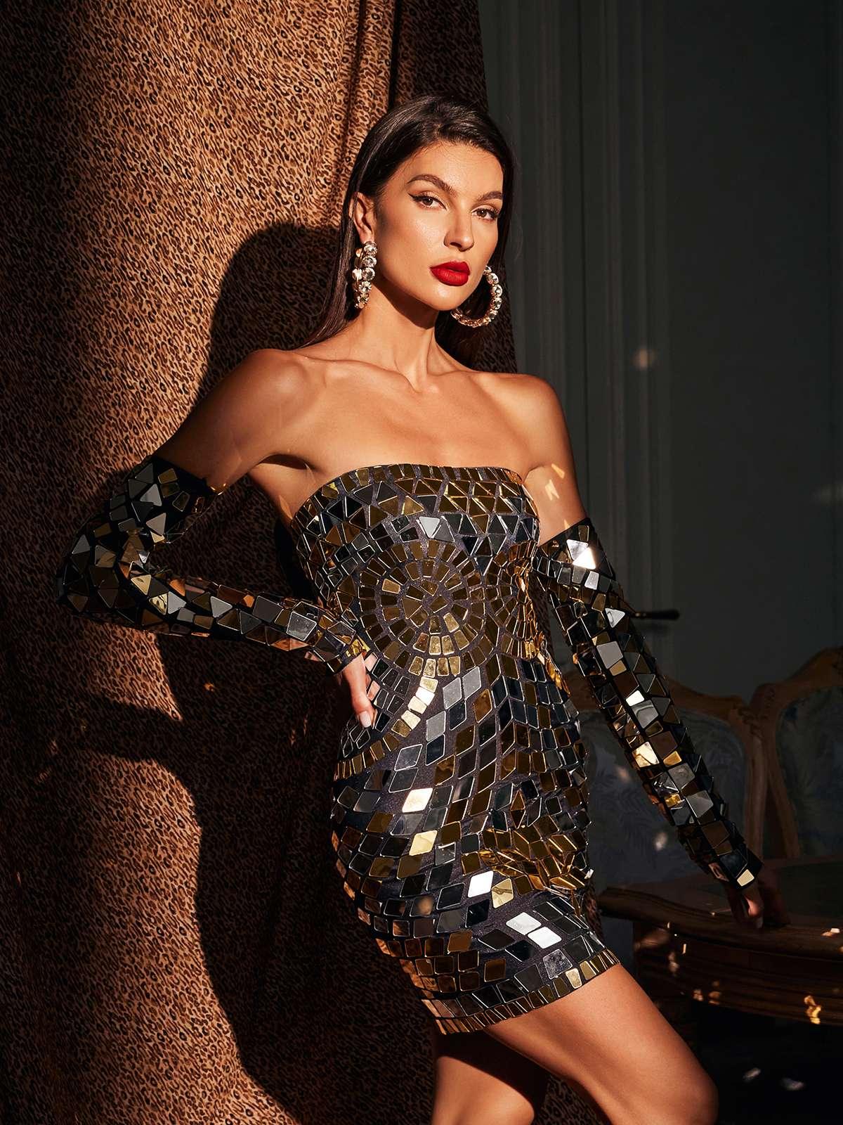 Felice Straplez Akrilik Mini Elbise Eldivenli