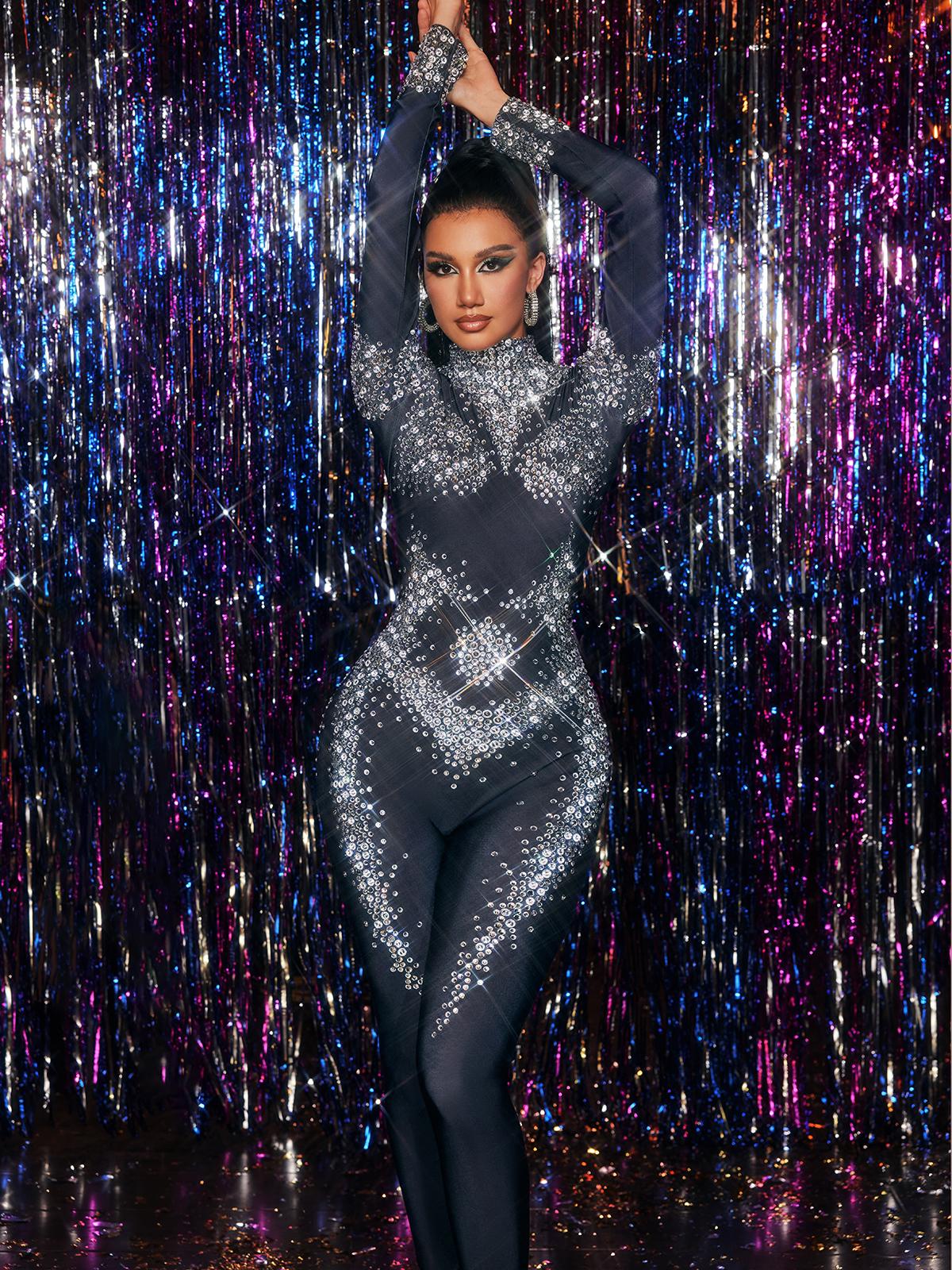 Fyxarion Yüksek Yaka Rhinestone Tulum