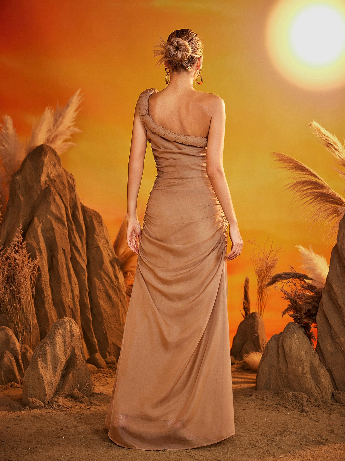 Gaelira Tek Omuzlu Drapeli Maxi Elbise