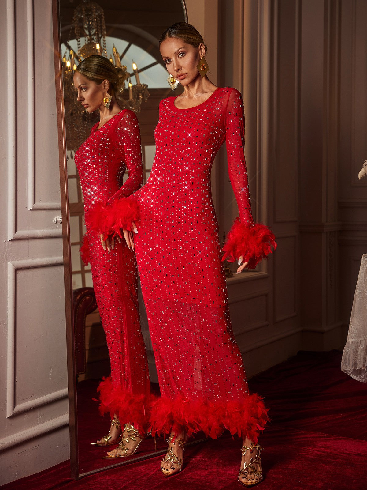 Gaines Rhinestone Tüy Dantel Maxi Elbise