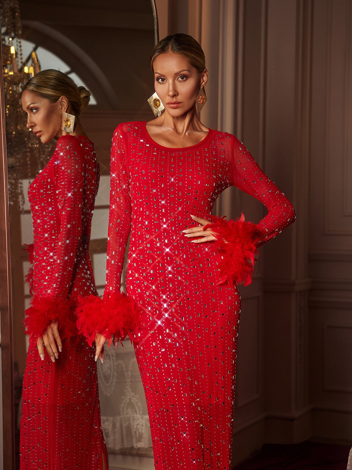 Gaines Rhinestone Tüy Dantel Maxi Elbise