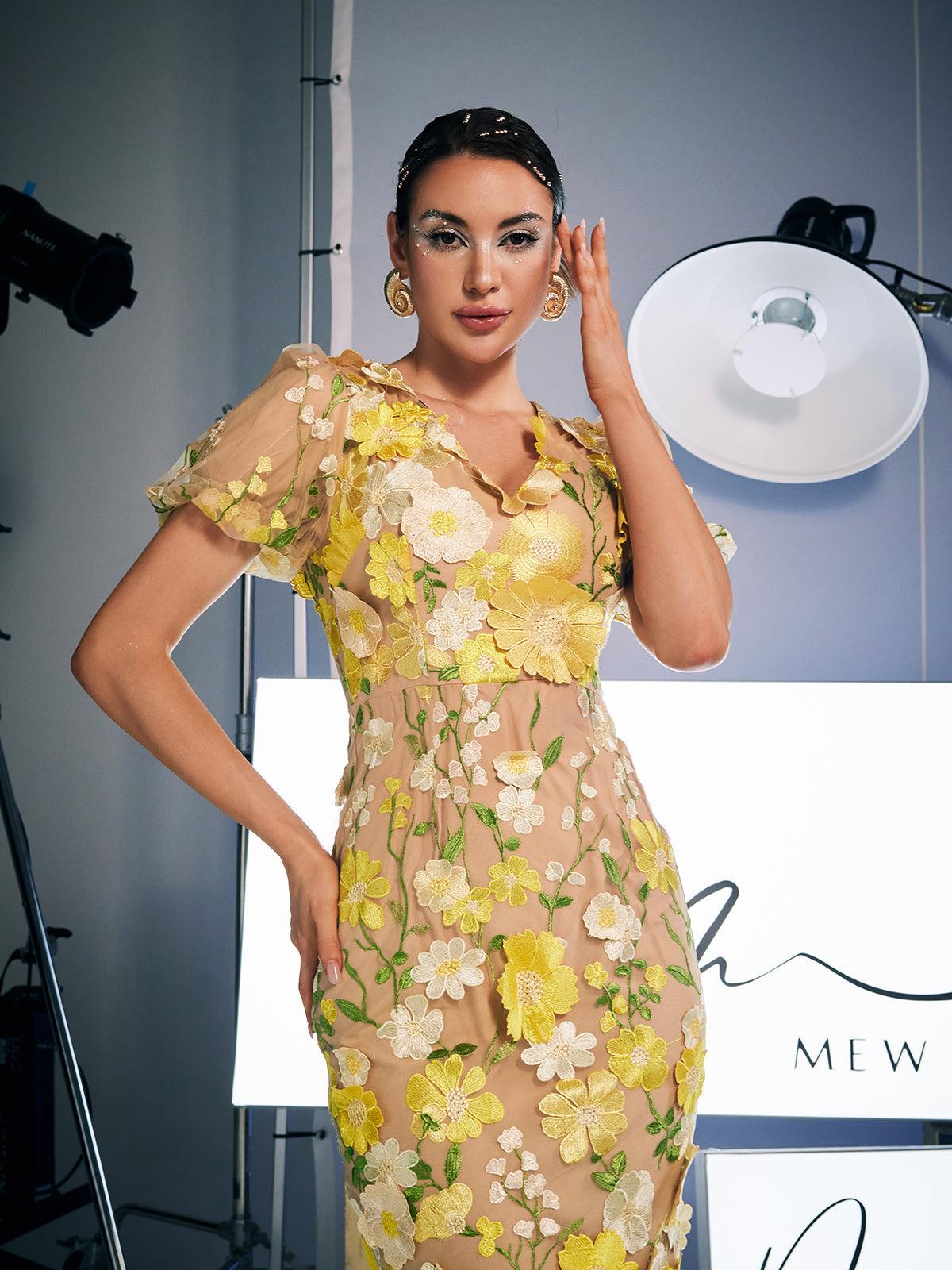 Grayson Çiçek Nakışlı Midi Elbise Sarı