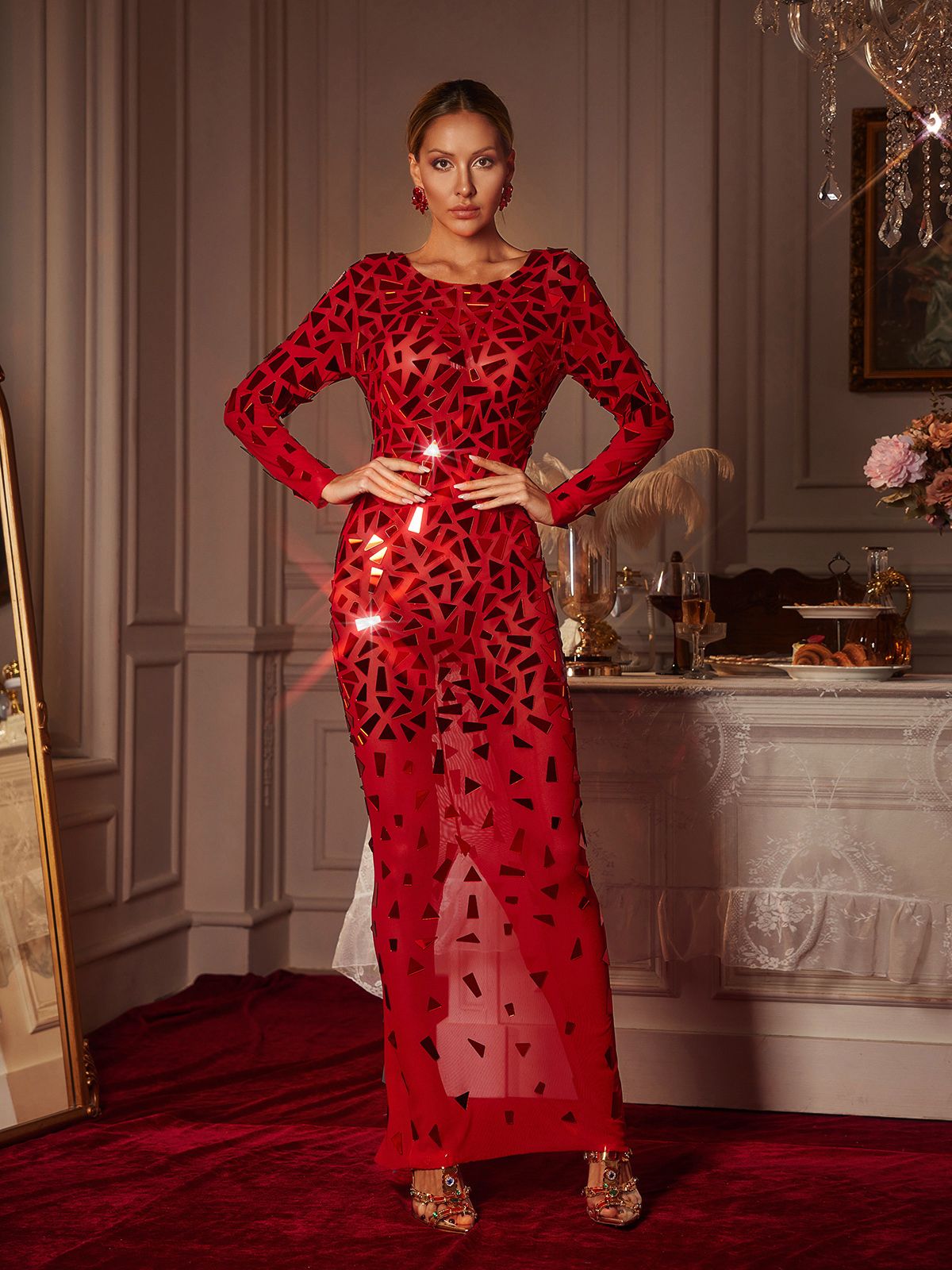 Guthrie Uzun Kol Akrilik File Maxi Elbise