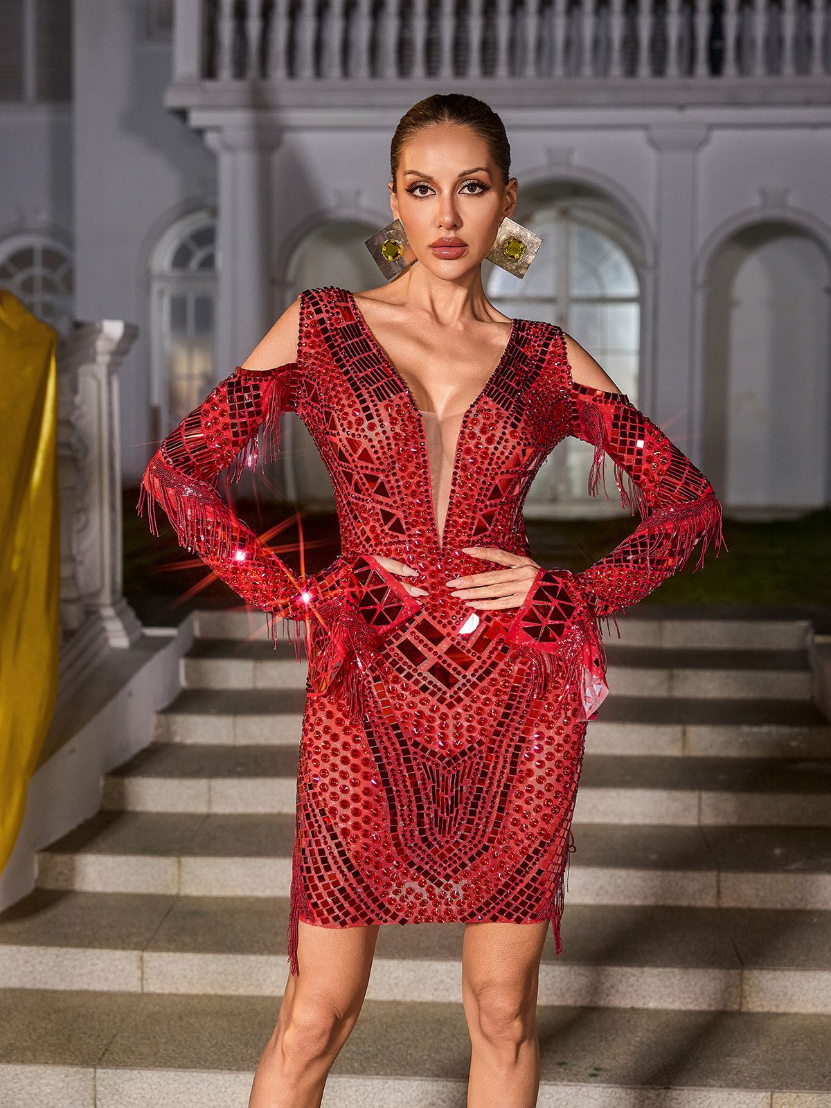 Gwyndara Rhinestone Fringe Akrilik Mini Elbise