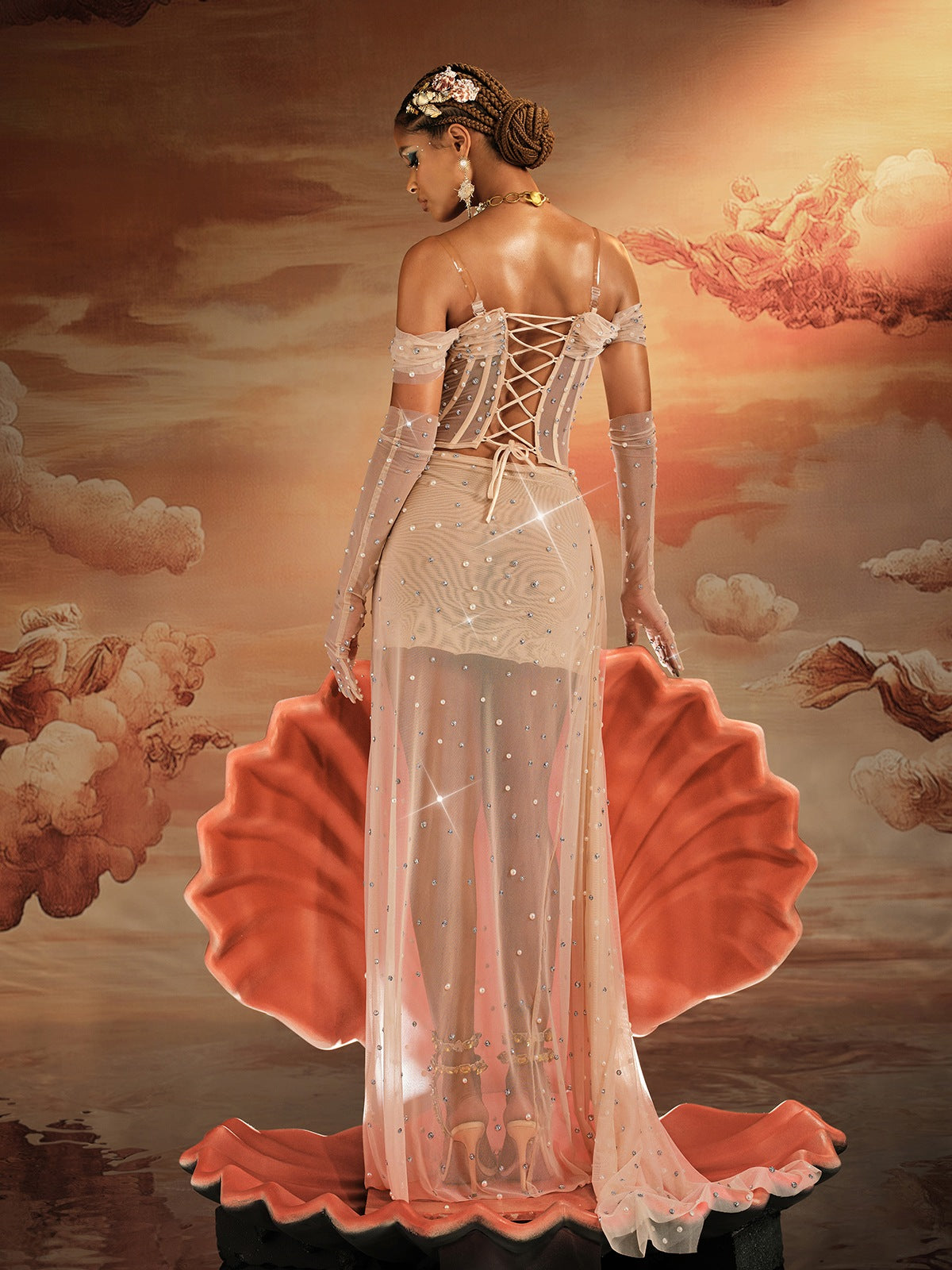 Haldor Tek Omuzlu Kristal Ağlı Drapeli Maxi Elbise