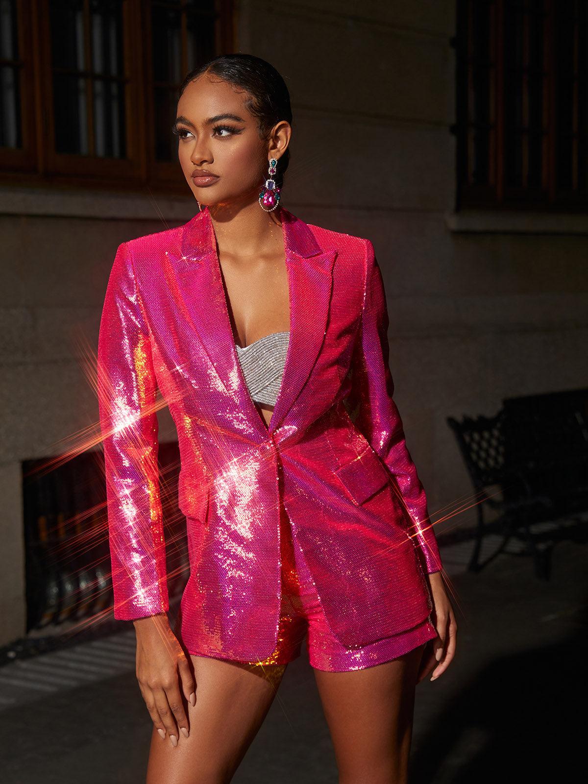 Hanako Pullu Blazer Şort Seti - Canlı Pembe
