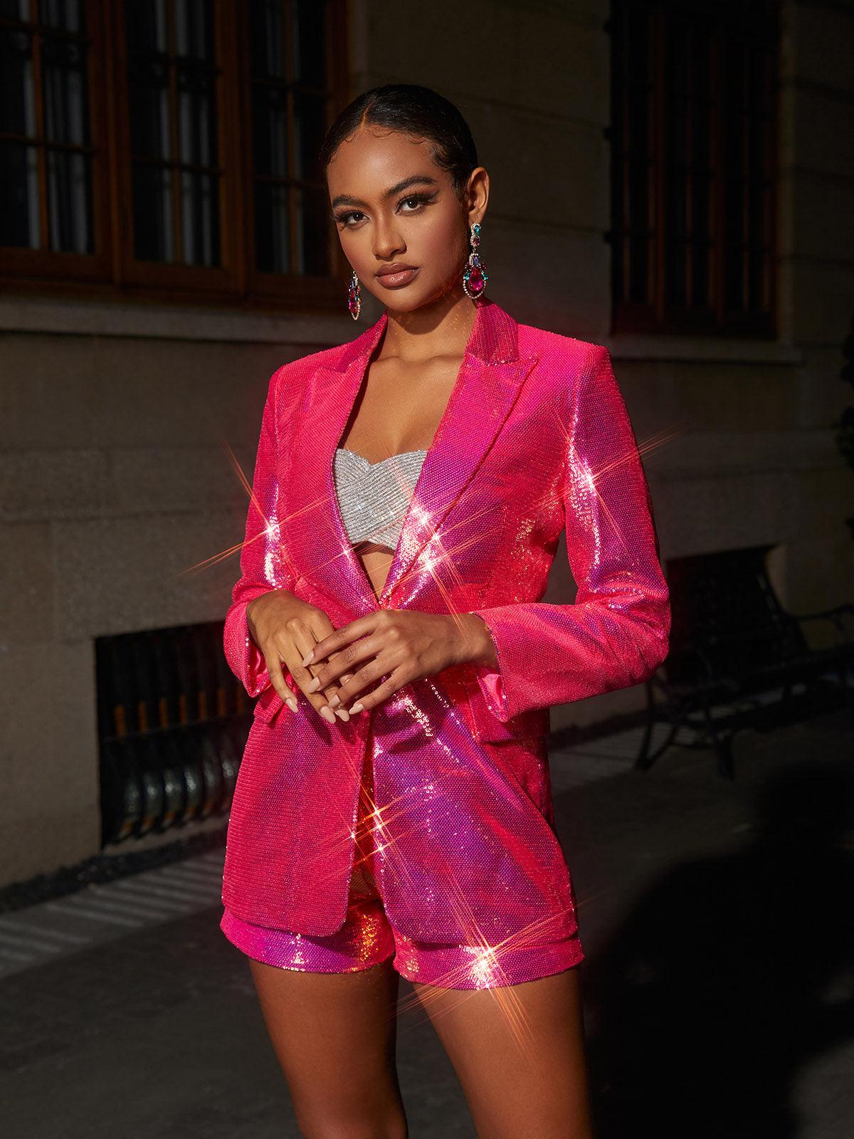 Hanako Pullu Blazer Şort Seti - Canlı Pembe
