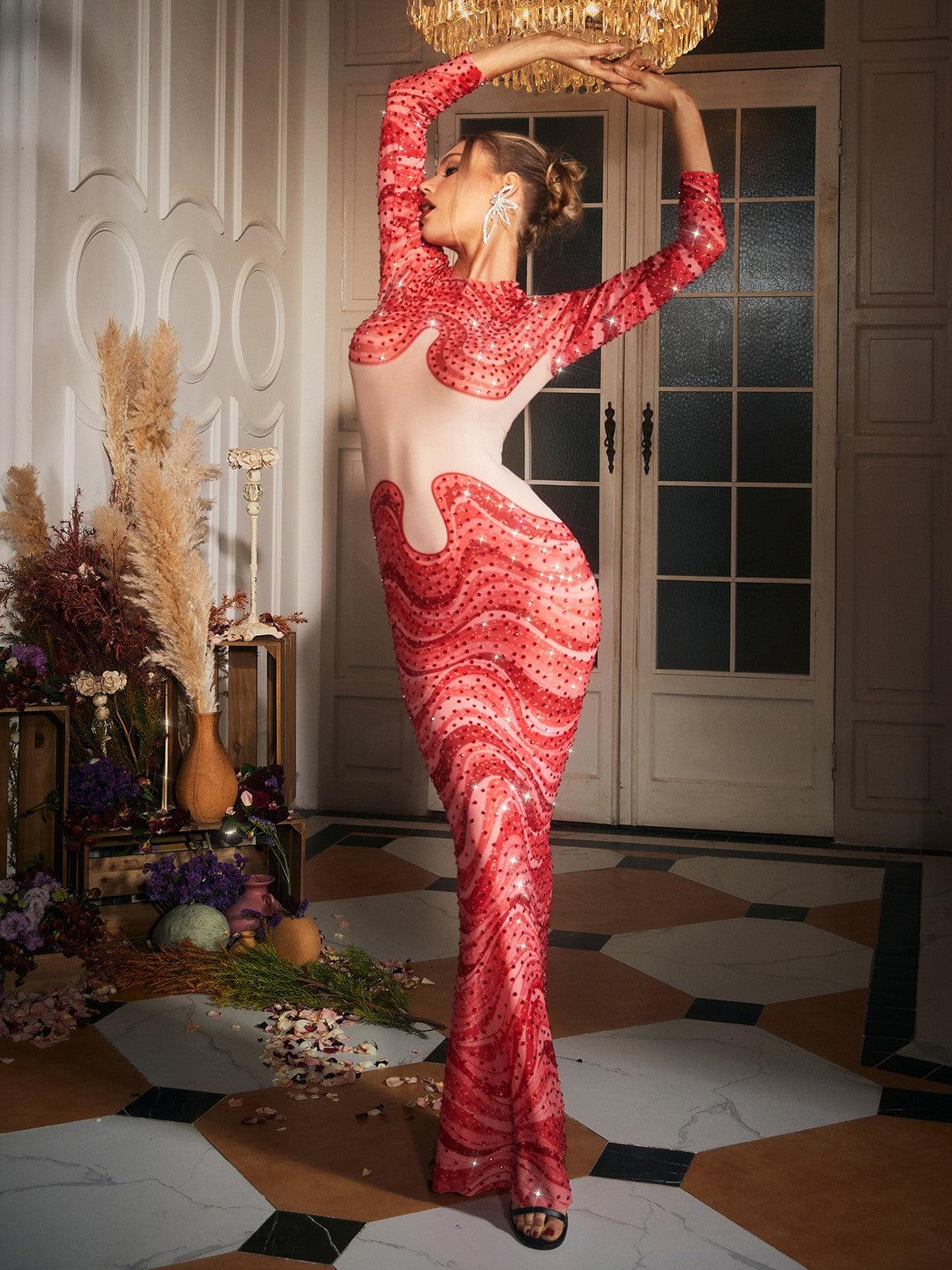 Herman Dalgası Desenli Kristal Maxi Elbise