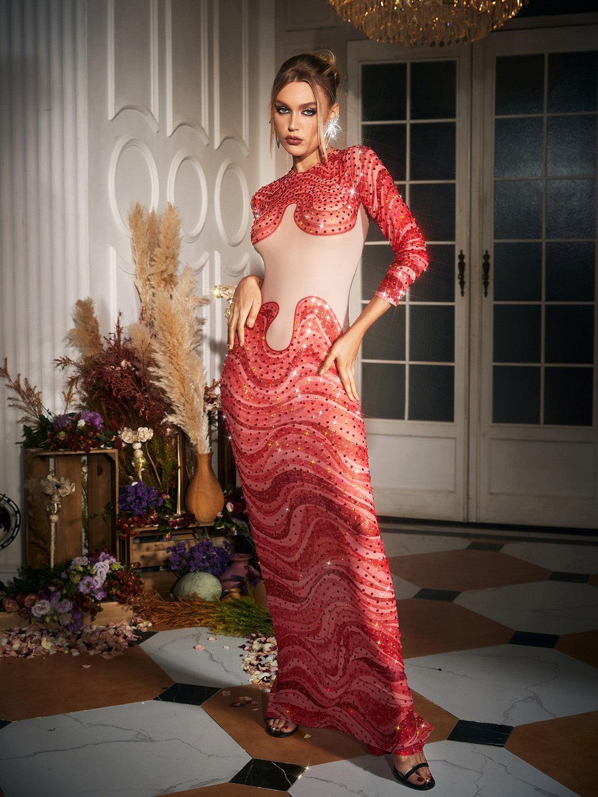 Herman Dalgası Desenli Kristal Maxi Elbise