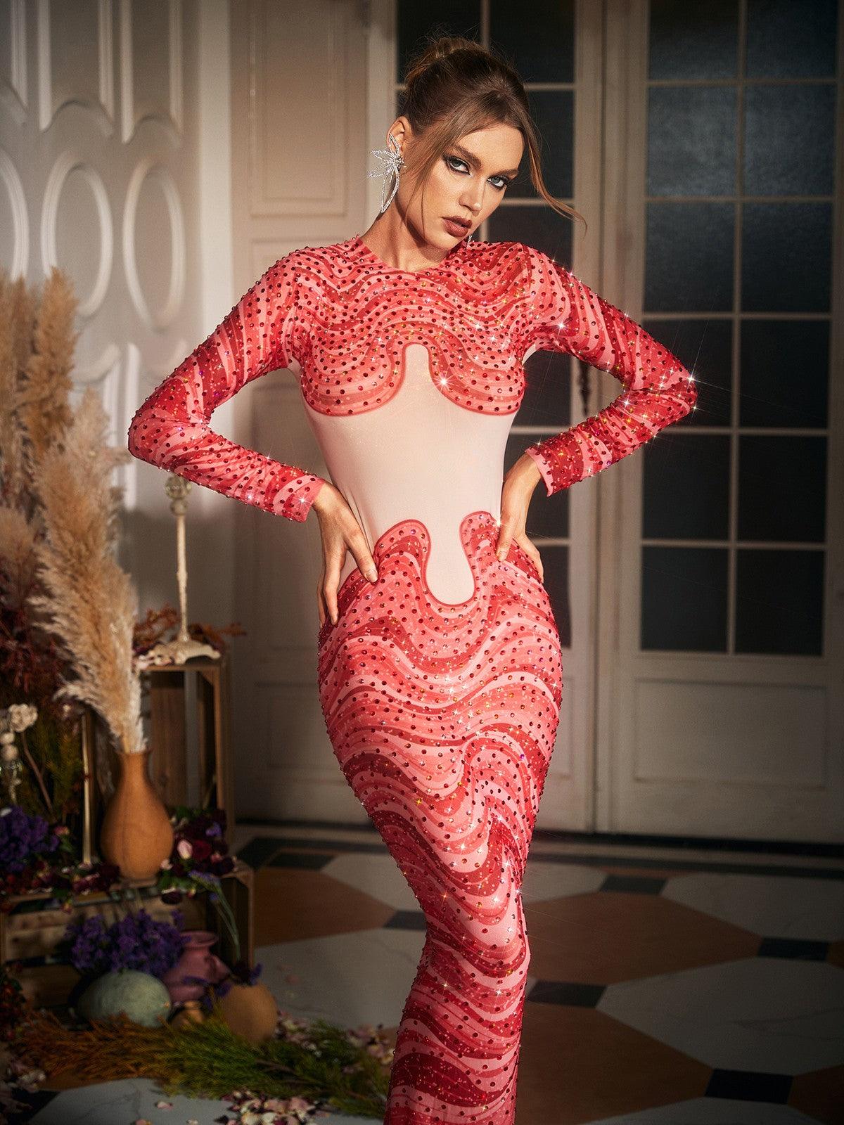 Herman Dalgası Desenli Kristal Maxi Elbise