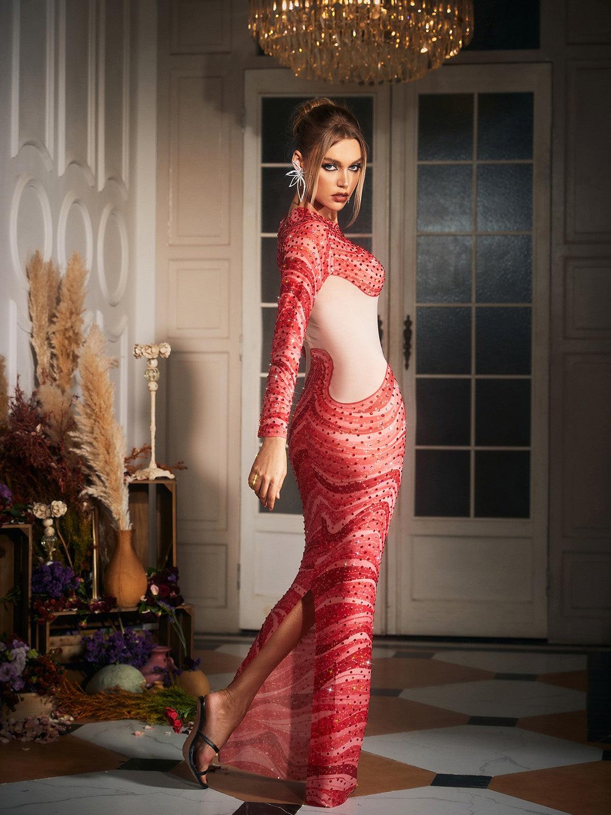 Herman Dalga Desenli Kristal Maxi Elbise