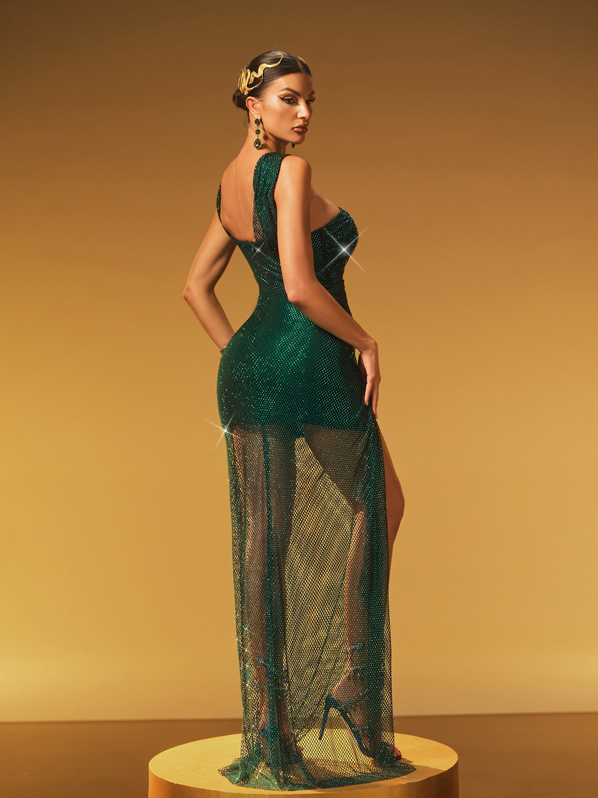 Hyressa Rhinestone Mesh Yırtmaçlı Maxi Elbise