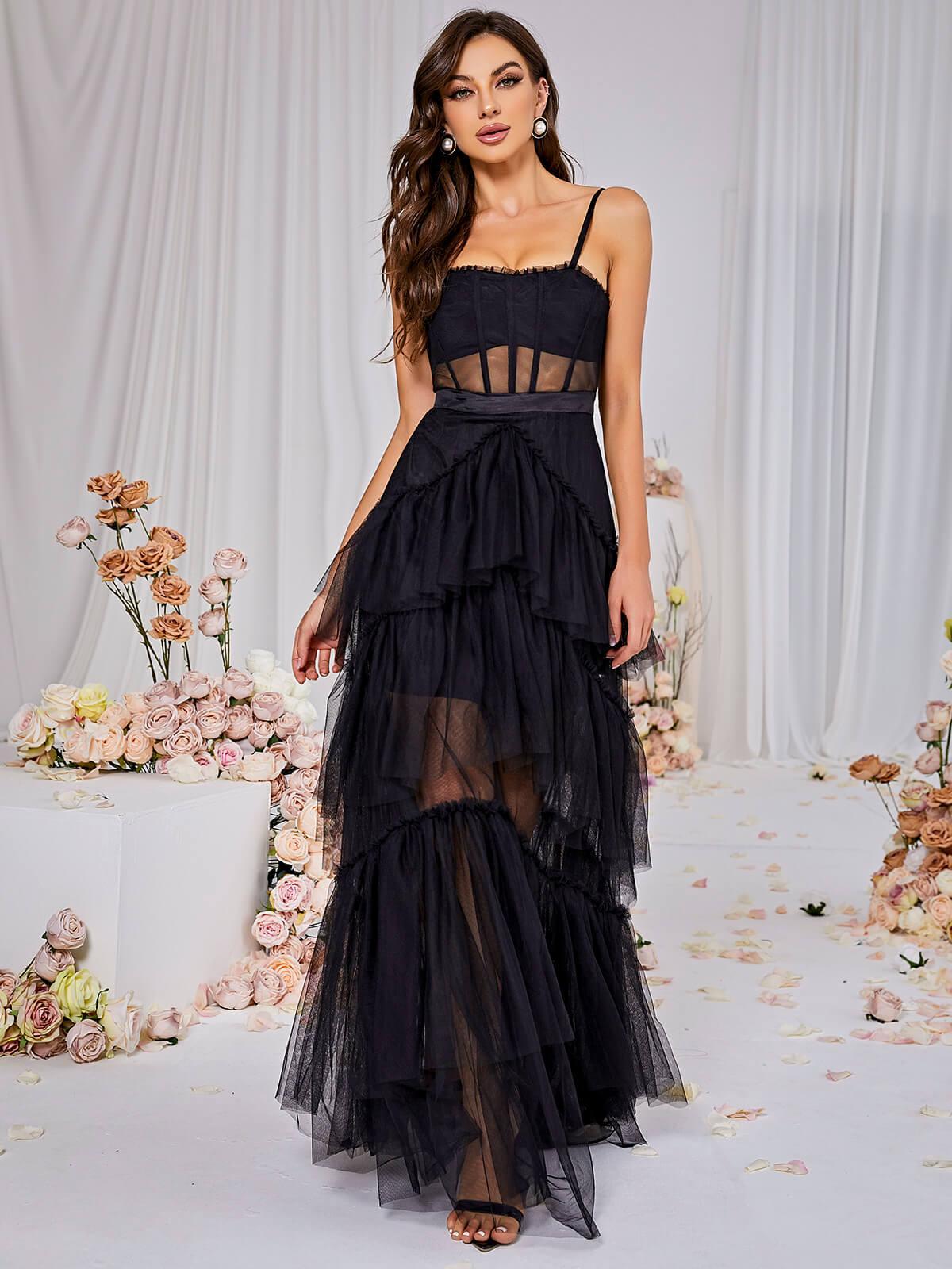 Inaya Mesh Maxi Elbise Siyah