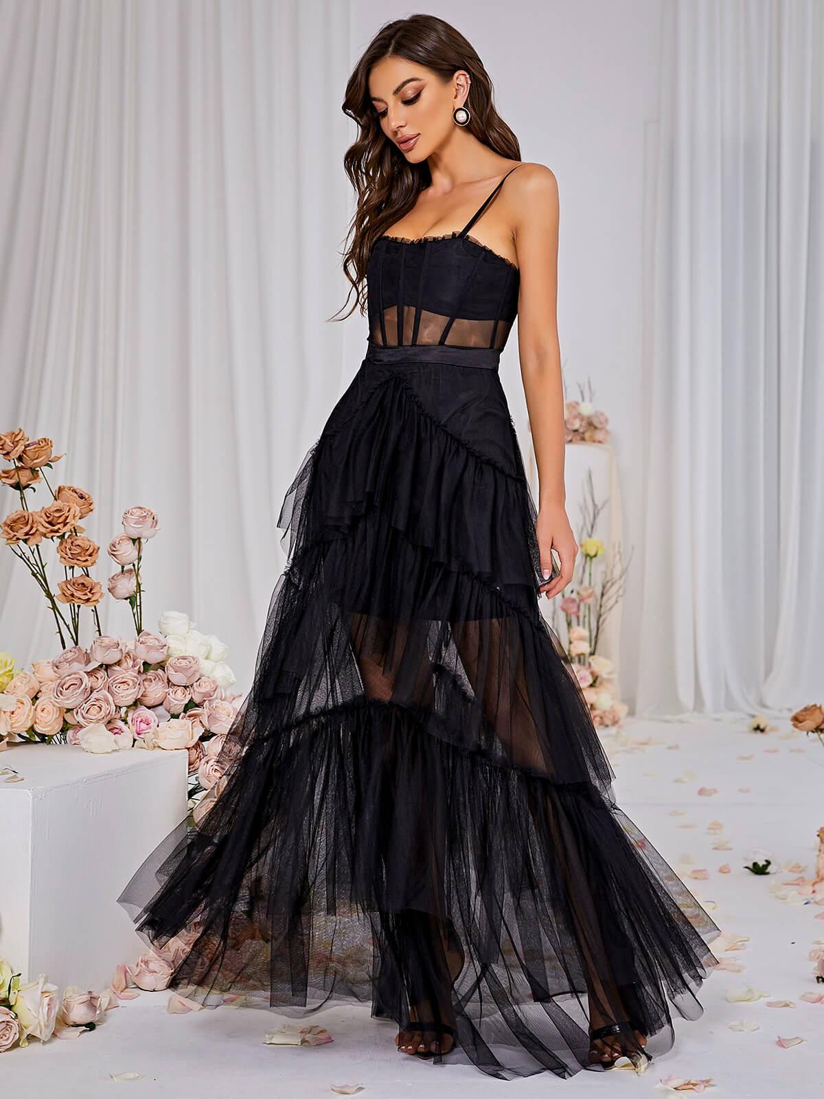 Inaya Mesh Maxi Elbise Siyah