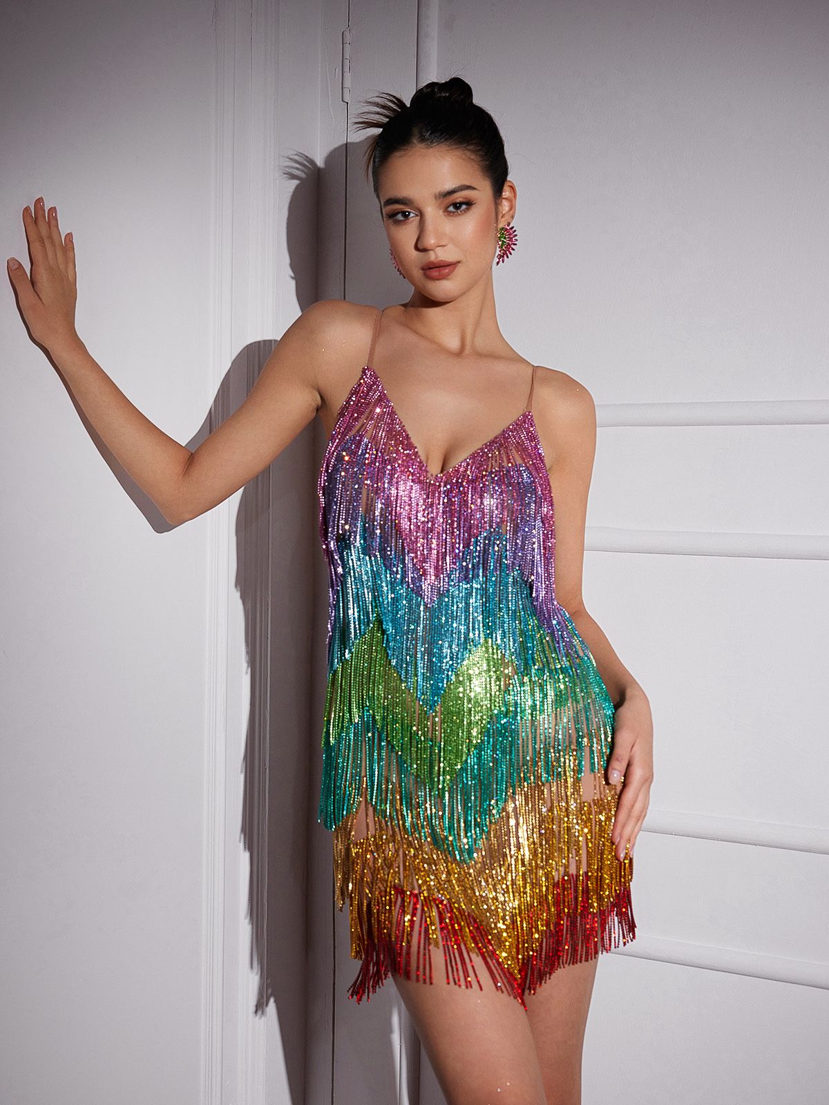 Indy V Yaka Gökkuşağı Kristal Fringe Mini Elbise