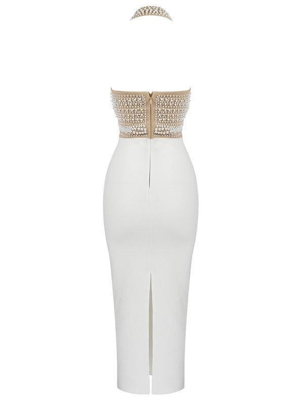 Isabella Halter Yaka İnci Bandaj Elbise Bej