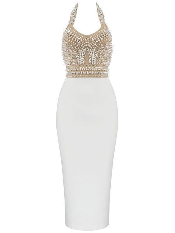 Isabella Halter Yaka İnci Bandaj Elbise Bej