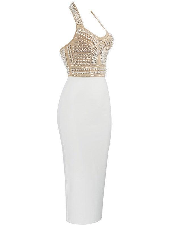 Isabella Halter Yaka İnci Bandaj Elbise Bej